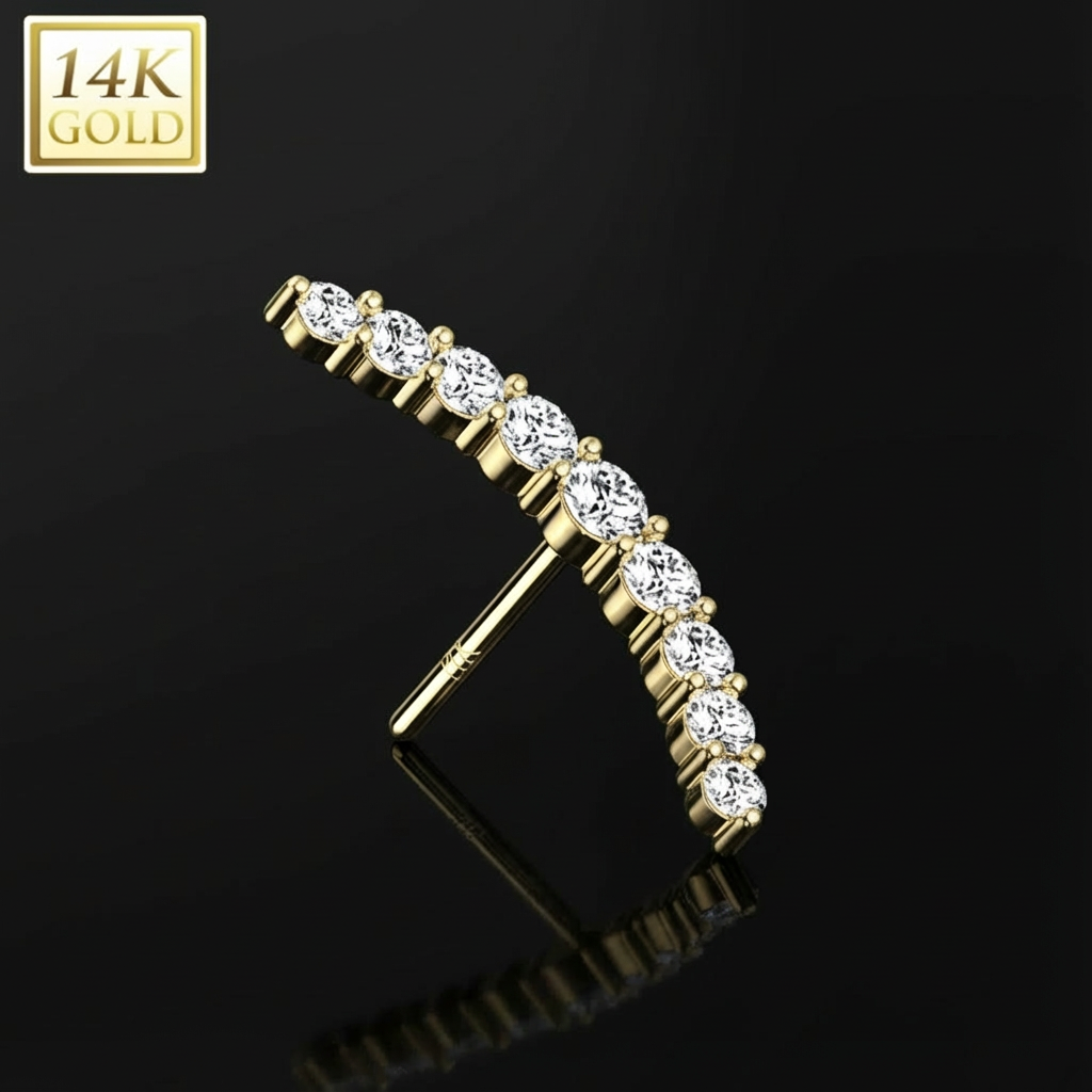 14k gold diamond barbell piercing with high-polish finish on black marble background