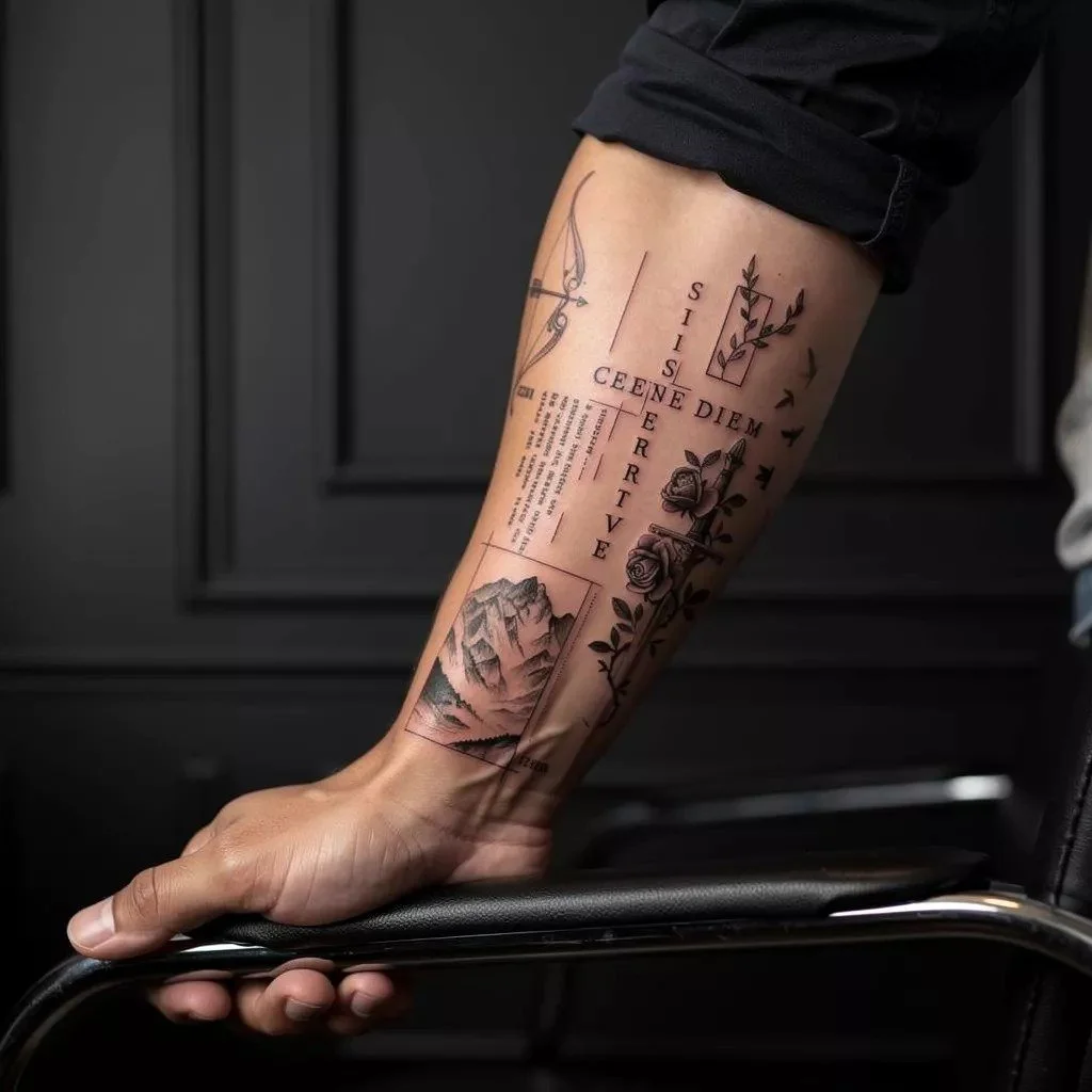Fine line script and minimalist forearm tattoo by a Coral Springs tattoo artist featuring detailed lettering and symbolic design elements