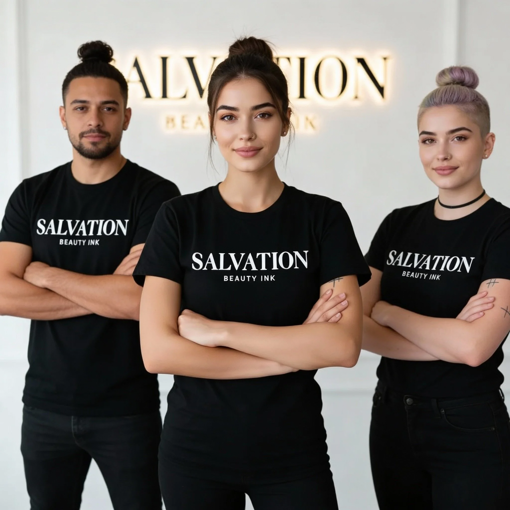 Professional tattoo and piercing artists at Salvation Beauty Ink standing confidently inside a modern tattoo studio, wearing Salvation Beauty Ink shirts