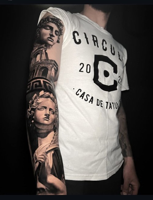 Roman themed black and grey realism sleeve tattoo by Macu at Salvation Tattoo Lounge in Coral Springs