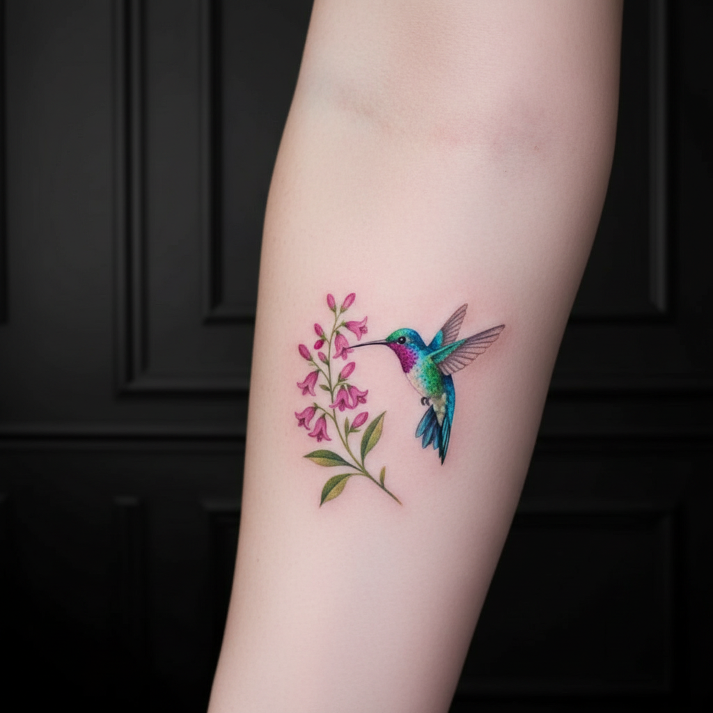 Small fine line hummingbird tattoo with soft color accents on the forearm