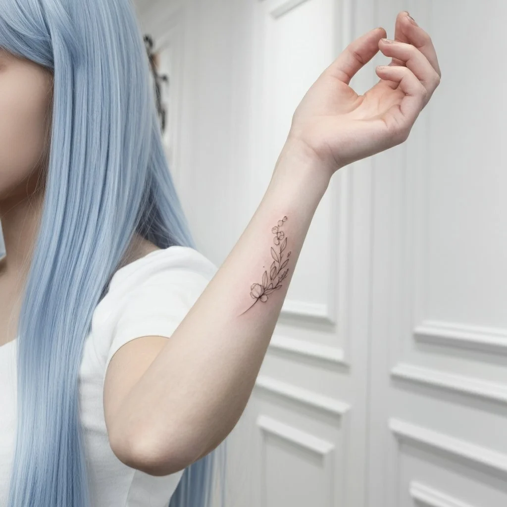 Small fine line floral wrist tattoo with delicate minimalist linework, done at Salvation Beauty Ink in Pembroke Pines, Florida.