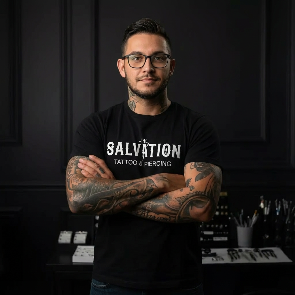 Professional body piercer at Salvation Tattoo Lounge wearing studio uniform