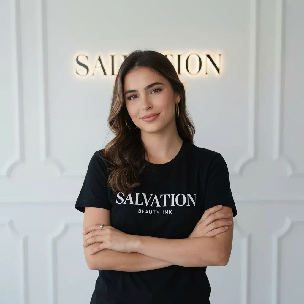 Professional tattoo artist at Salvation Tattoo Lounge standing confidently inside a modern tattoo studio, wearing a Salvation Beauty Ink shirt