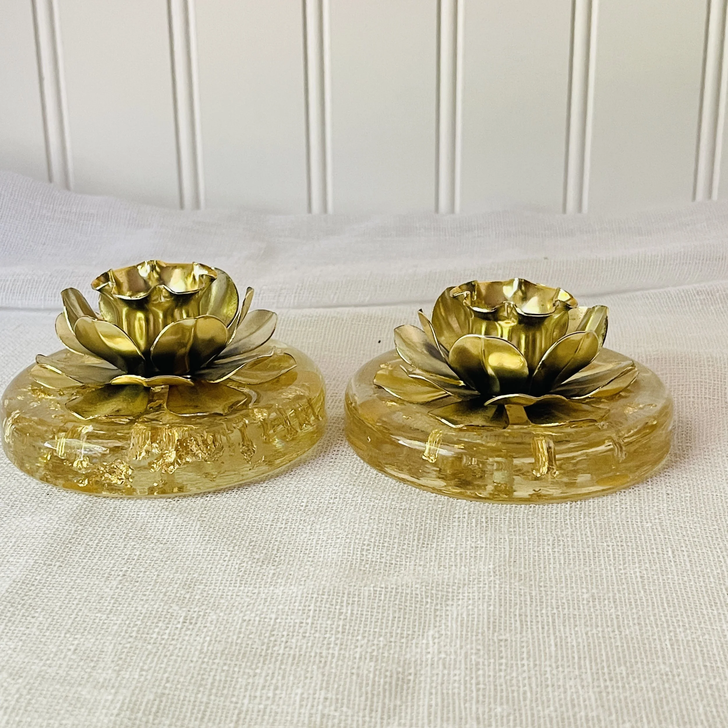Mid Century Modern Lucite Candleholders with Gold Flowers