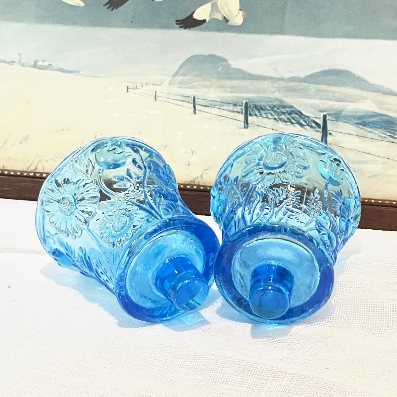 Blue Glass Daisy Peg Votive Holder, Set of Two