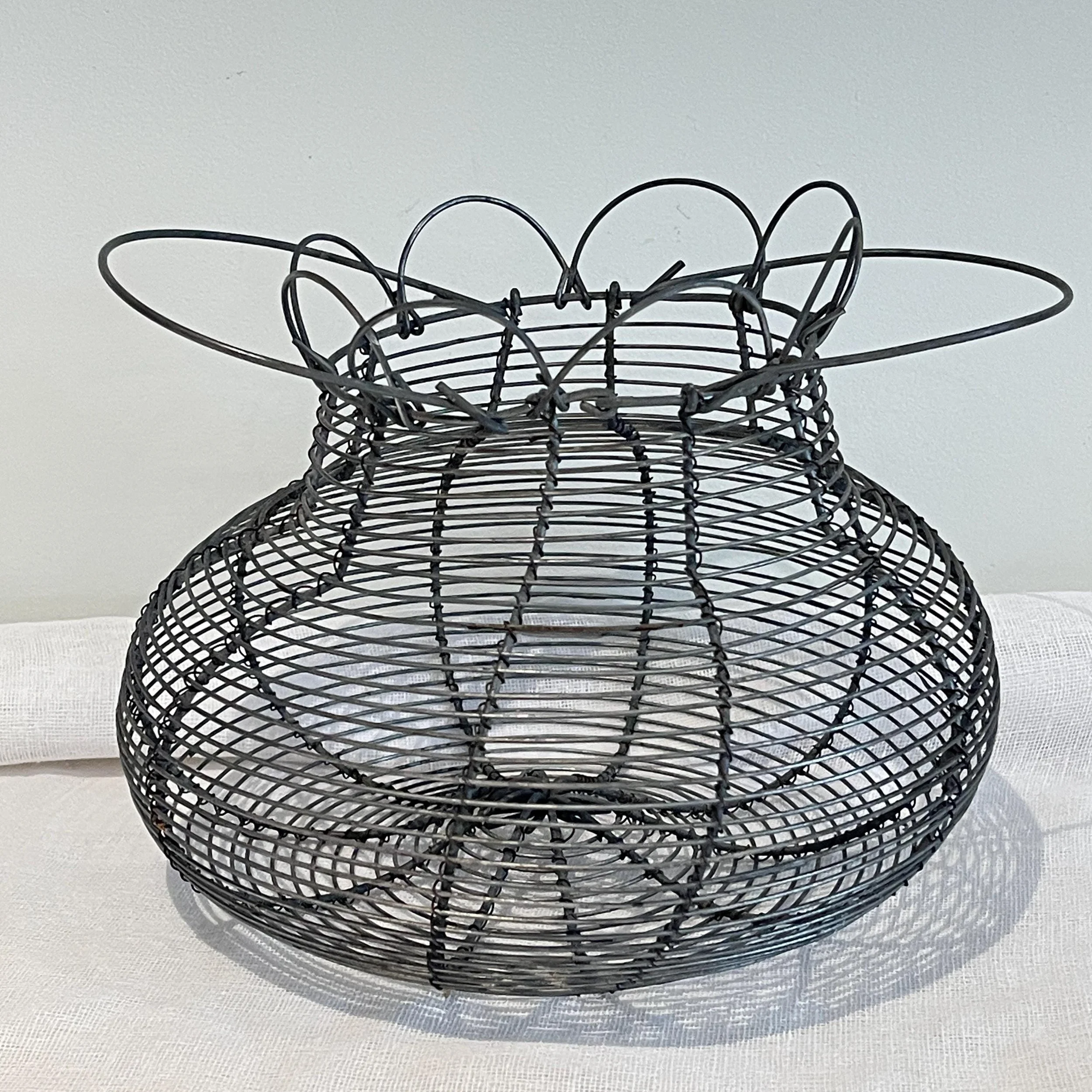 Vintage Large Wire Egg Basket and Bowl, French Farmhouse Gathering Basket, Primitive Egg Holder