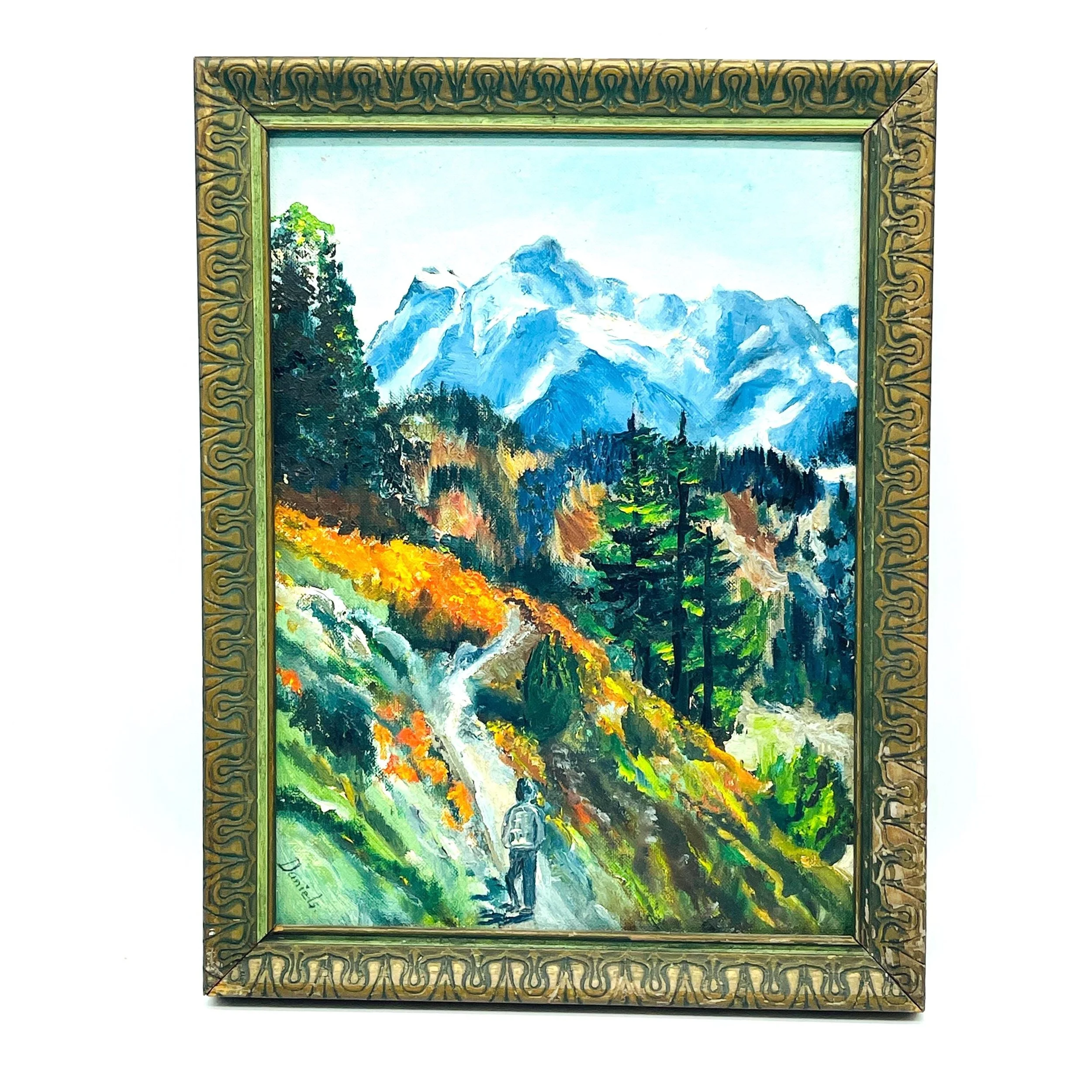 Original Landscape Painting Teton Mountains Colorado Signed Edna Daniels Hiking Backpacking Autumn Colors Oil on Board,  1960