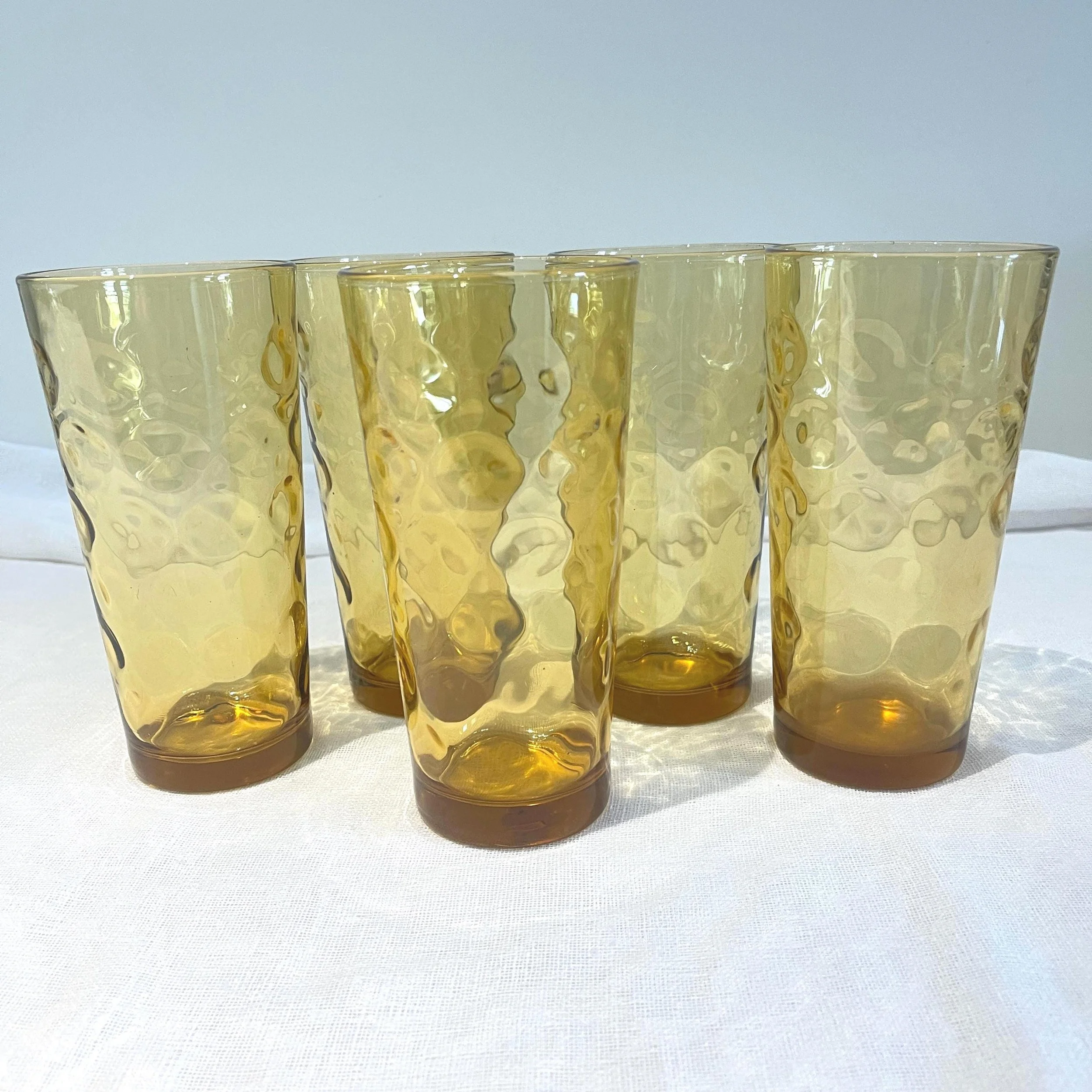 Vintage Hazel Atlas Gold El Dorado Amber Glasses, Set of 5 Glass Tumblers, Optic Dots