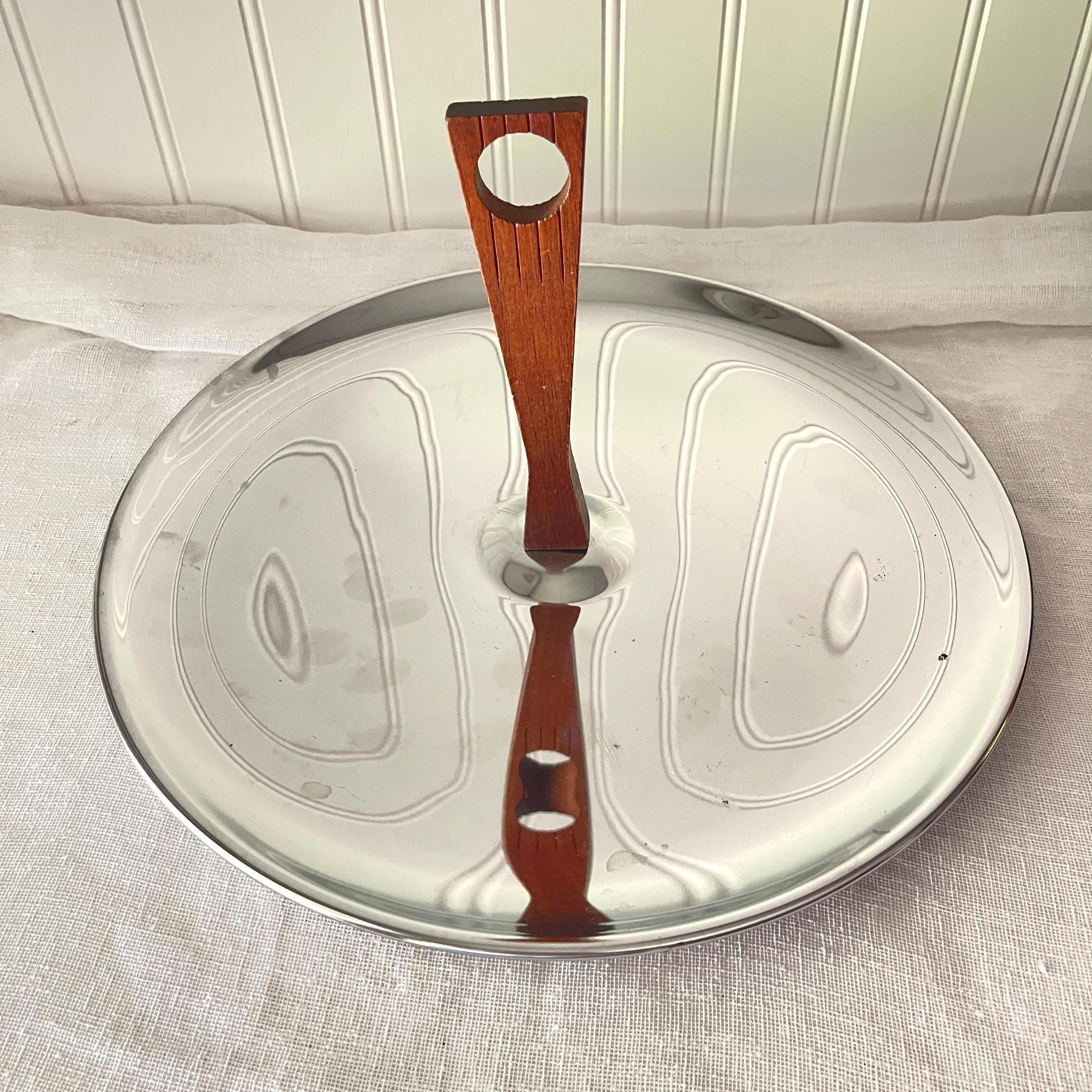 Mid Century Modern Chrome Metal Serving Tray with Wood Handle