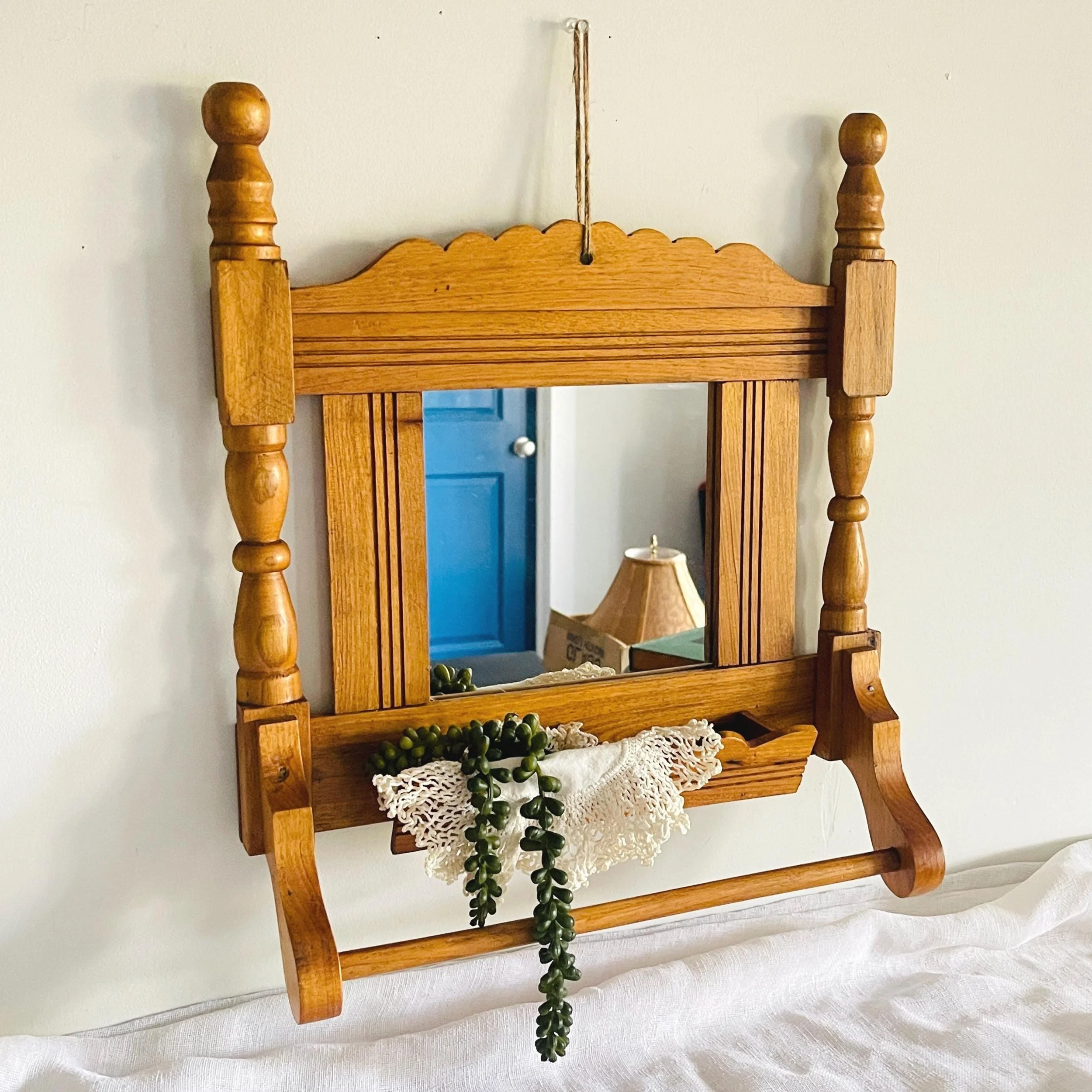 Vintage Wooden Shaving Mirror, East Lake Wall Hanging Gentleman's Mirror, Parlor Mirror with Comb Compartment