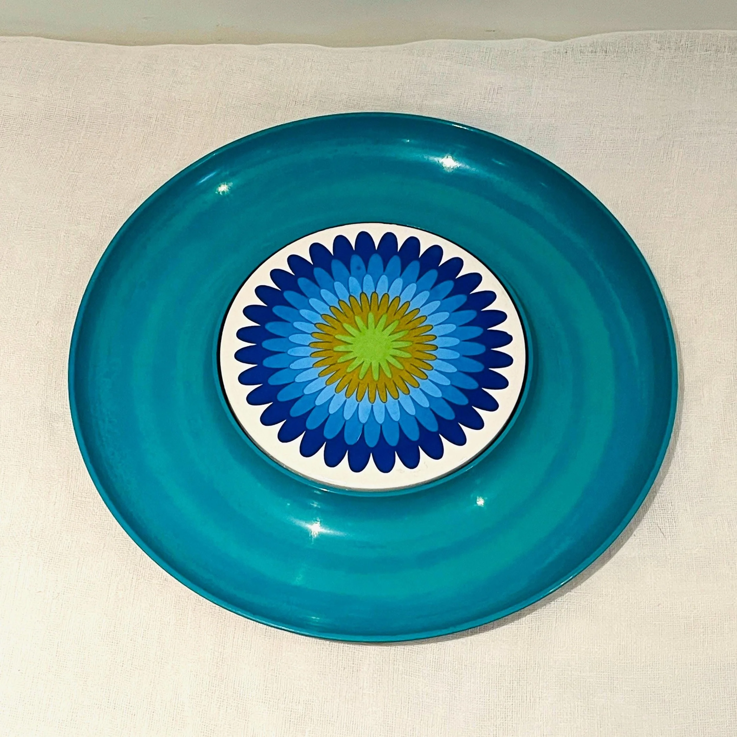 1960's Danish Modern Melamine Serving Platter, Teal Tray with Ceramic Flower Power Sunburst Trivet