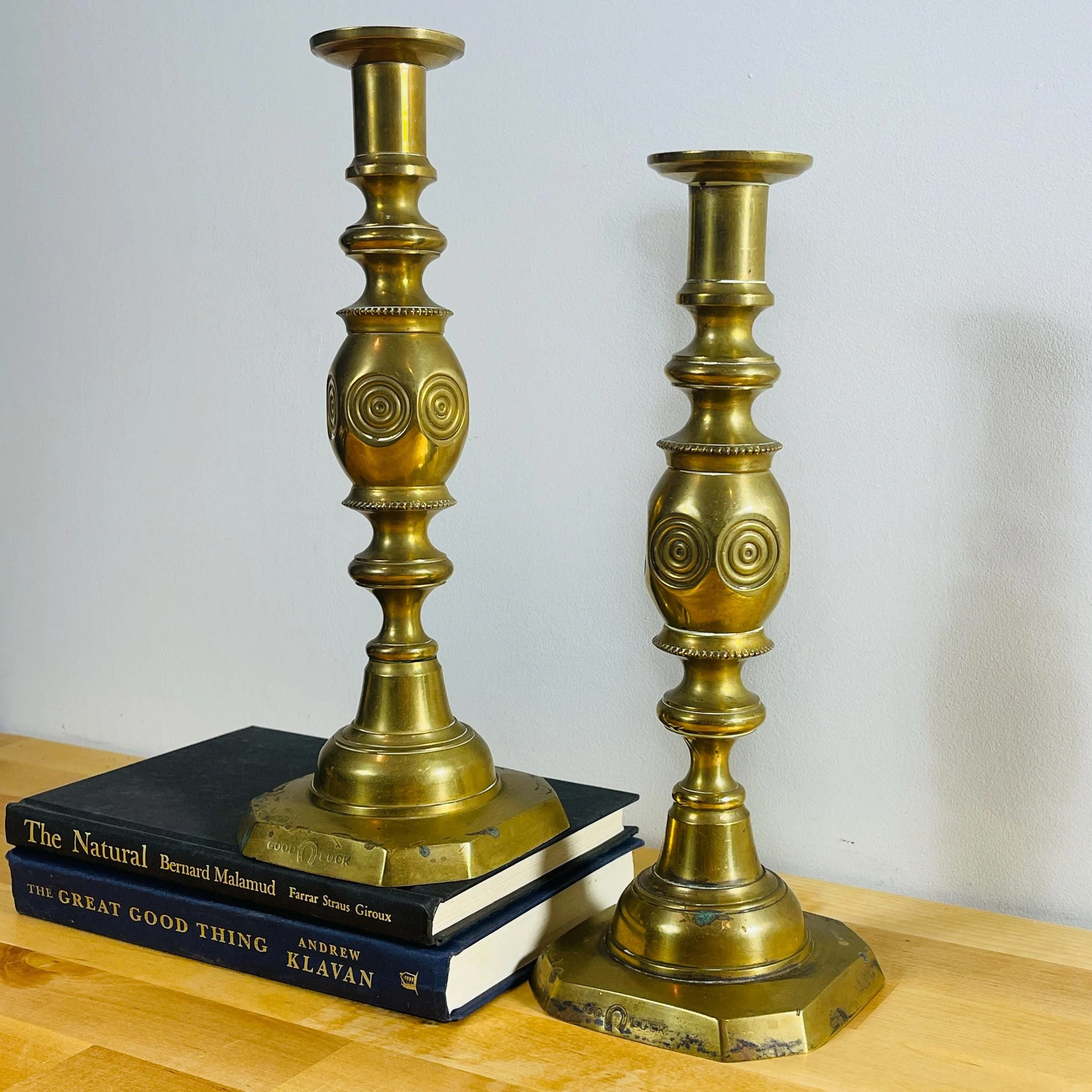 Solid Brass "Bullseye Good Luck" Candlesticks, Victorian Candlesticks, Heavy Push Up Candlesticks, Set of 2 Large Brass Candle Holders