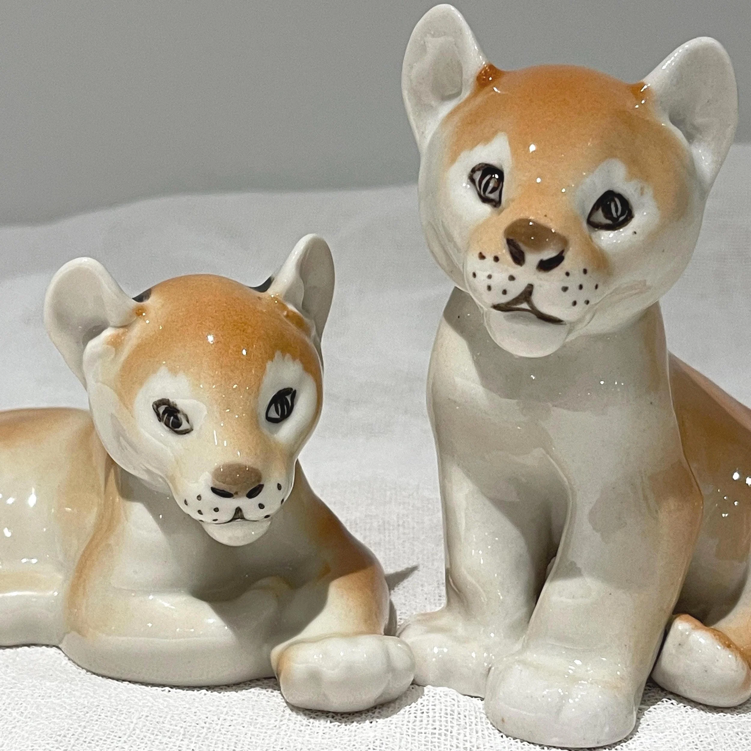 Vintage Lomonosov Lion Cubs, Porcelain U.S.S.R. Era Lion Cub Figurines, Pair of Lion Cubs