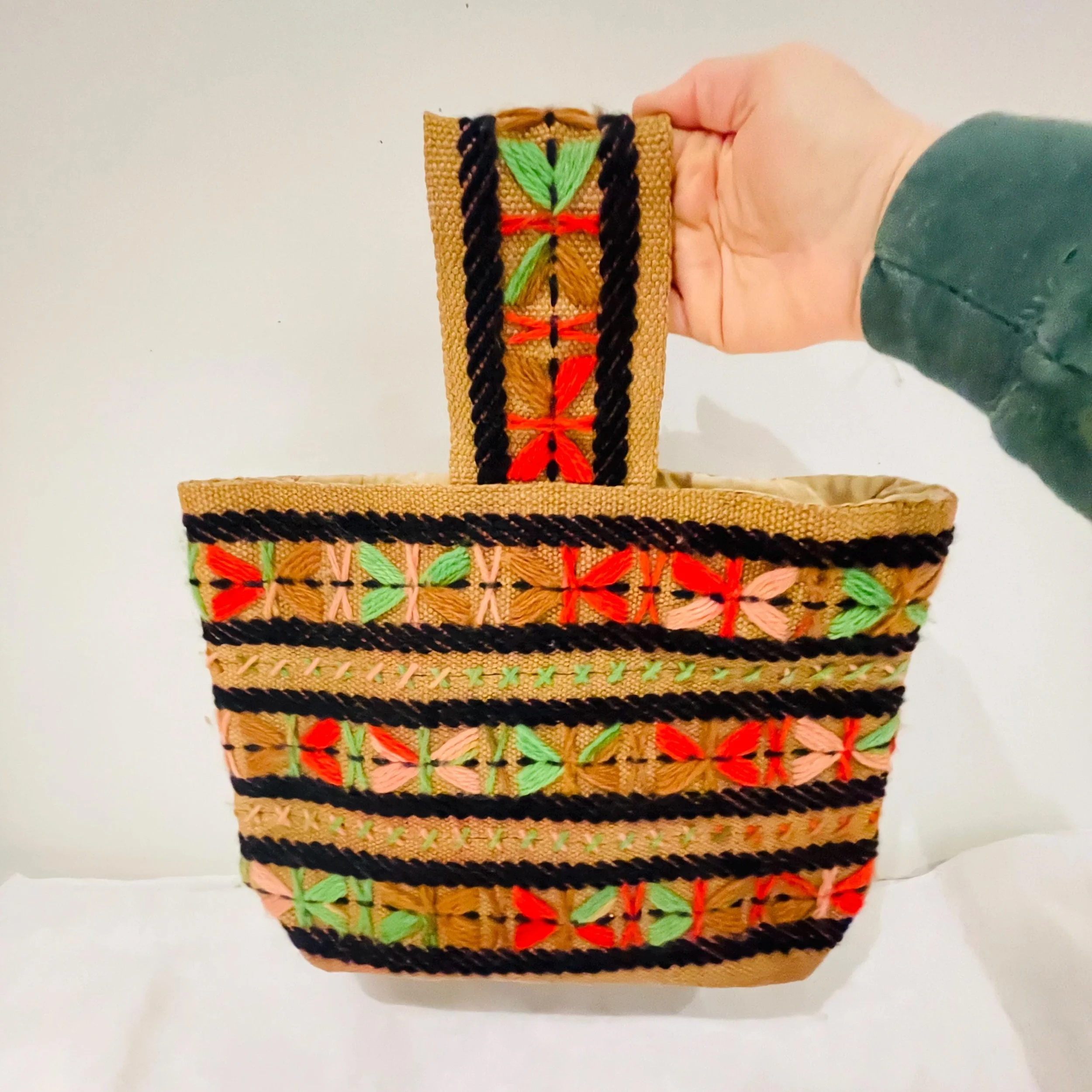 Vintage 1970's Burlap Boho Purse, Lined Colorful Handbag, Bright Yarn Detail