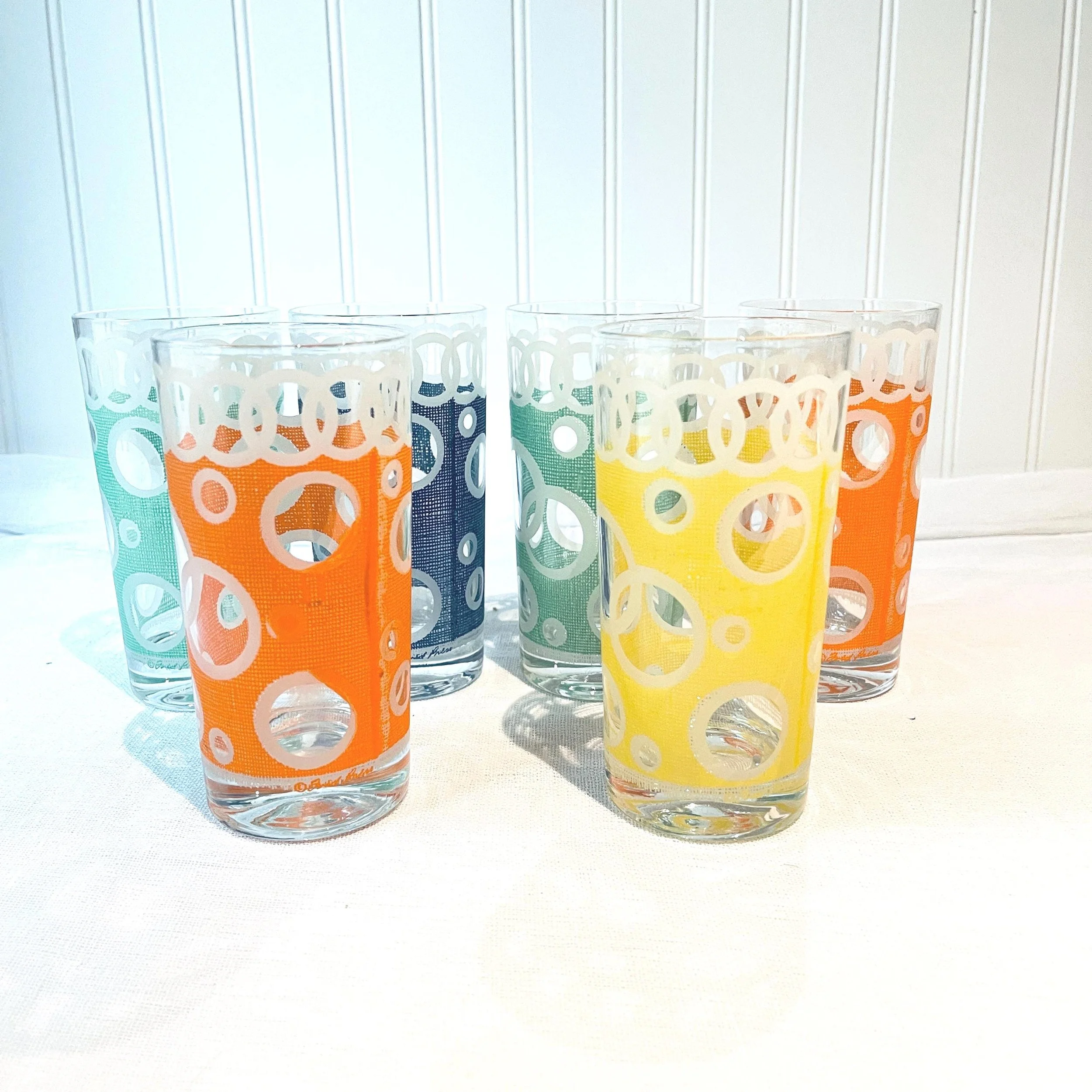 Mid Century Modern Fred Press Highball glasses, Rainbow Circles