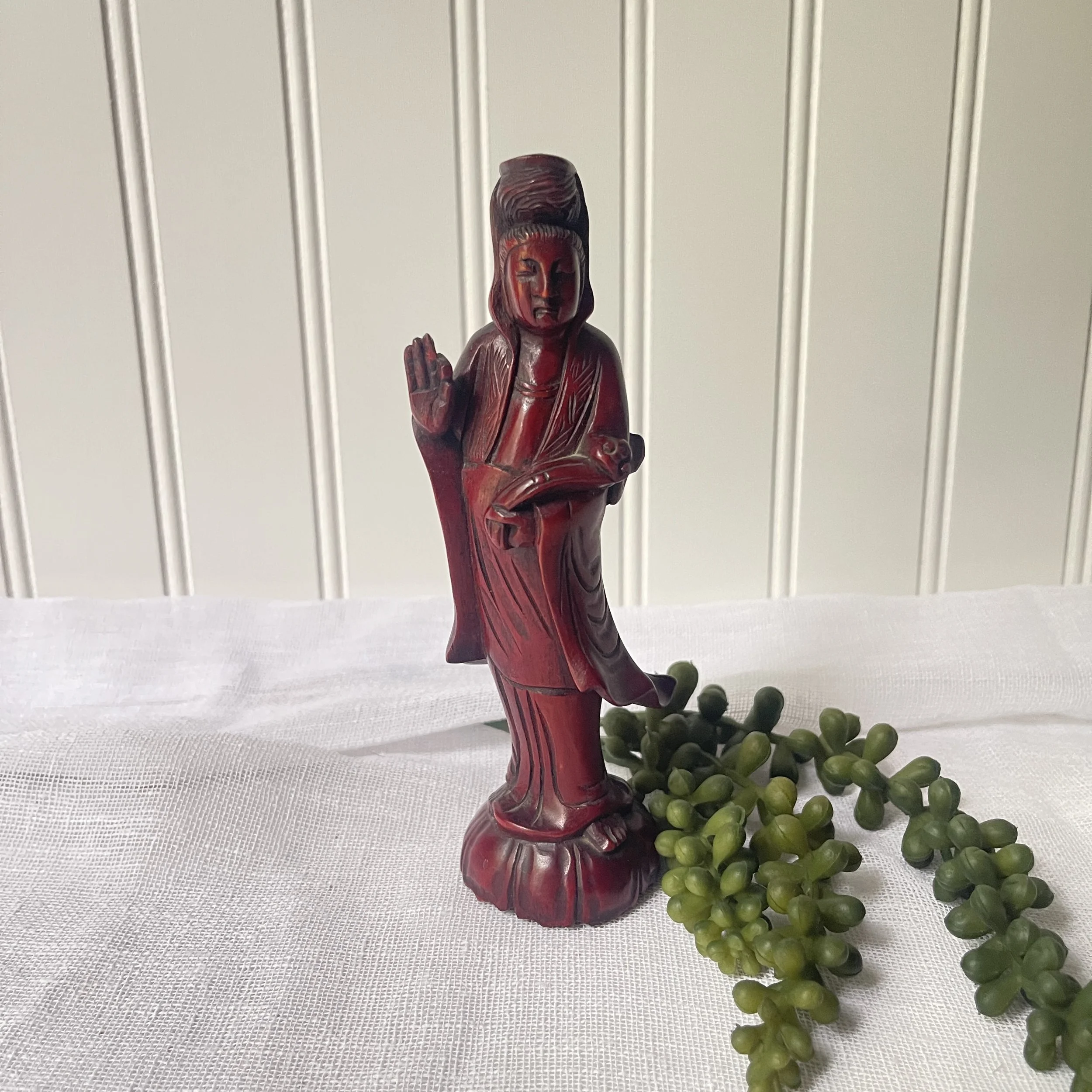 Vintage Hand Carved Wood Quan Yin, Goddess of Mercy Figurine