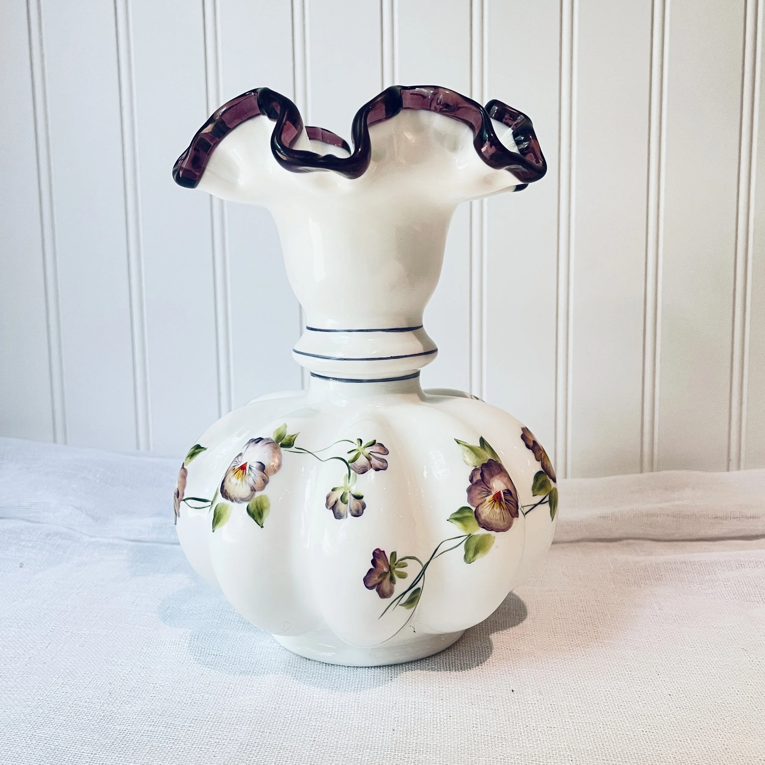 Fenton Hand Painted Milk Glass Vase with Amethyst Crest and Melon Base