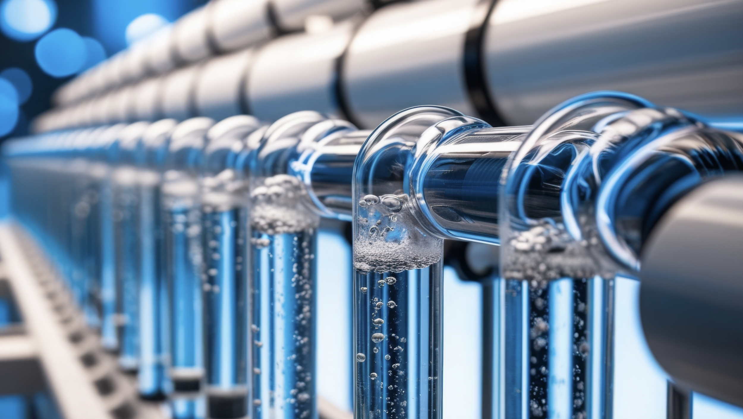 Close-up of a row of transparent test tubes filled with a bubbling clear liquid, mounted on a shiny metallic tube in a laboratory or industrial setting.