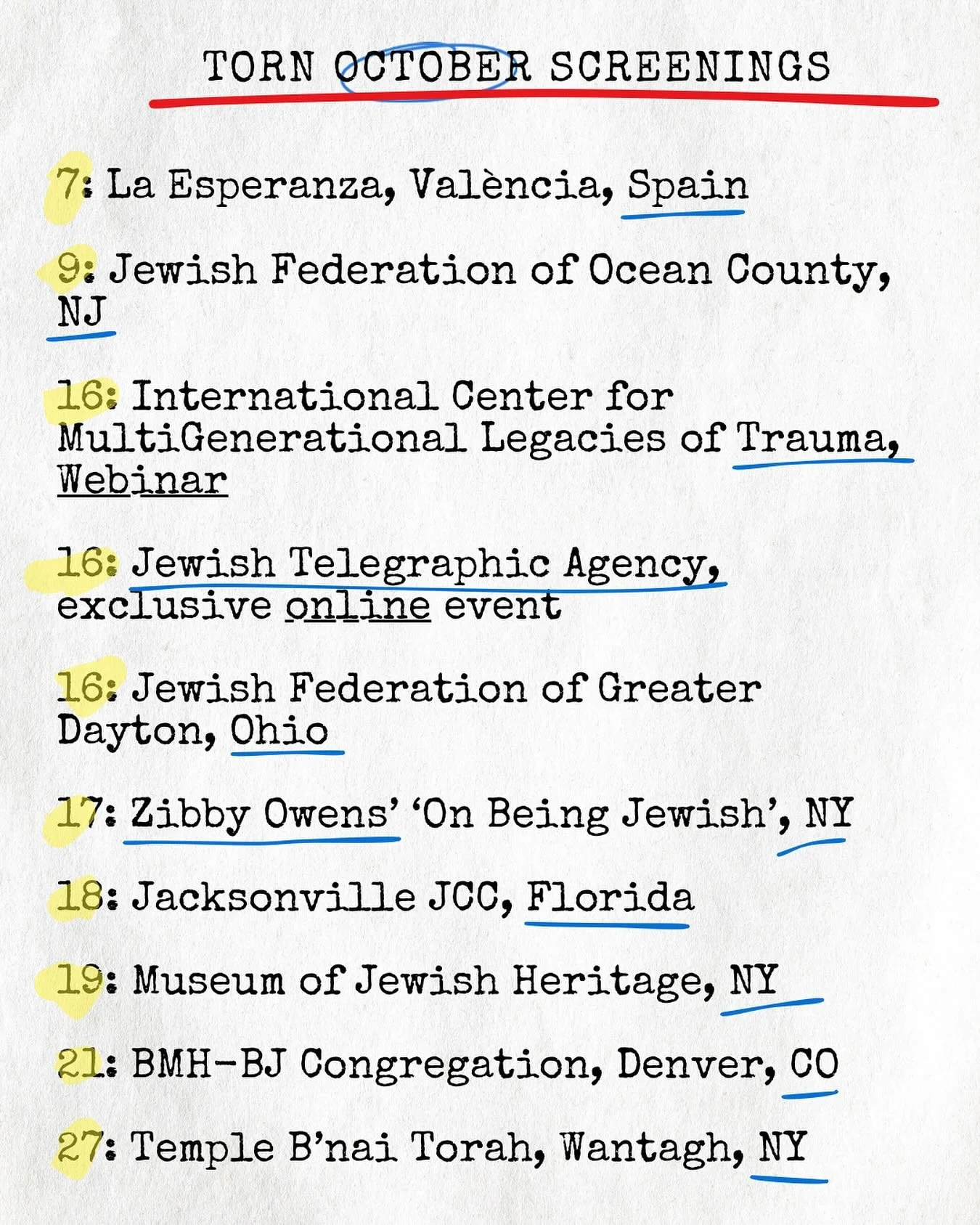 TORN is on the move this October 🌍
From Spain to New York, from Denver to online conversations around the world &mdash; screenings and dialogues continue to grow.

🗓️ See where we&rsquo;ll be this month &mdash; and join the conversation.