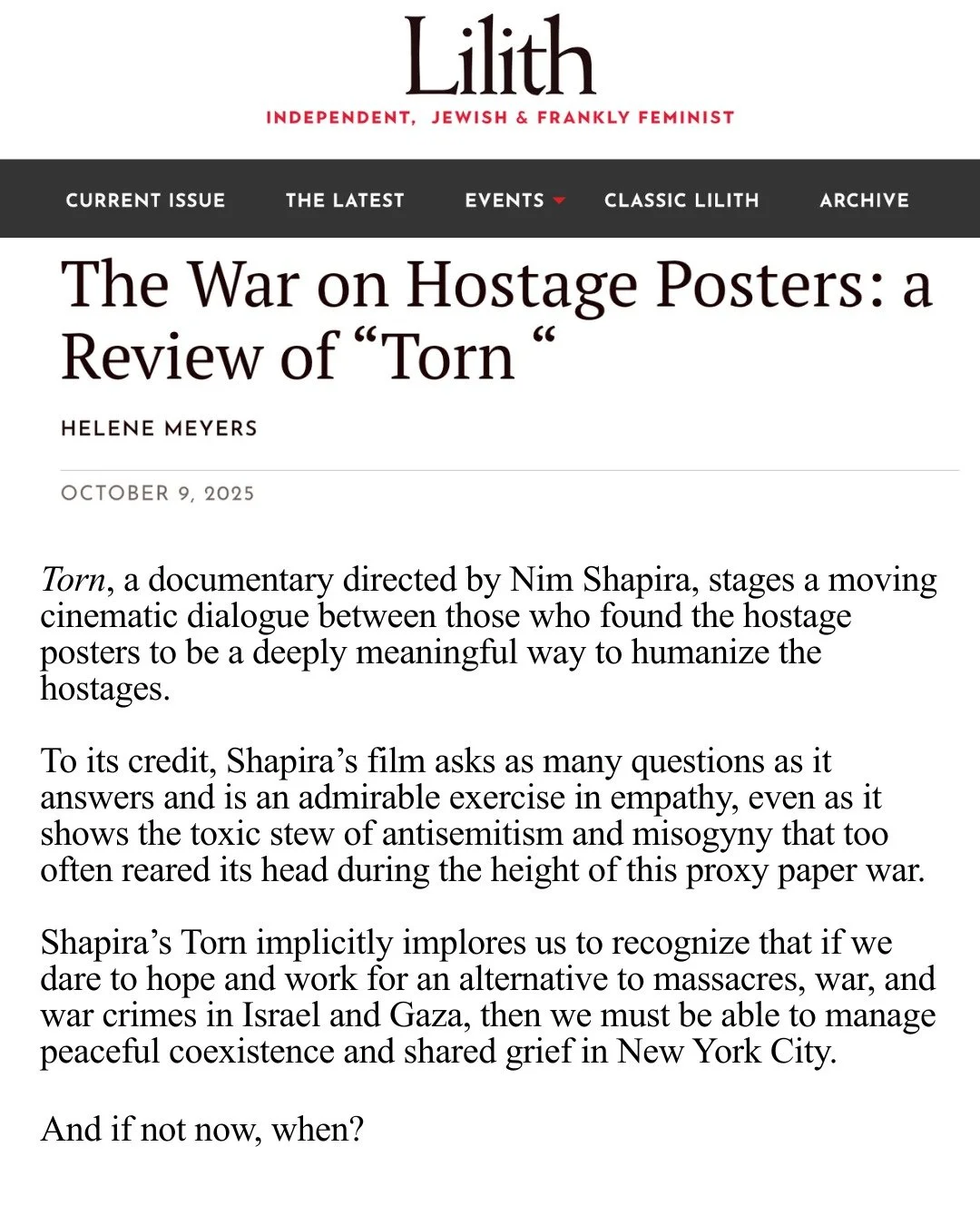 Deeply honored by this powerful review from @lilithmagazine &mdash; an independent, Jewish, and feminist voice since 1976. Read the full review at [lilith.org] Now streaming via [torn-film.com]