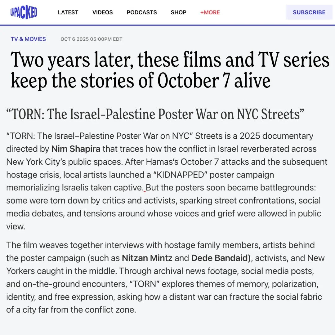 @unpackedmedia - &ldquo;TORN: The Israel&ndash;Palestine Poster War on NYC&rdquo; Streets is a 2025 documentary directed by Nim Shapira that traces how the conflict in Israel reverberated across New York City&rsquo;s public spaces. After Hamas&rsquo;