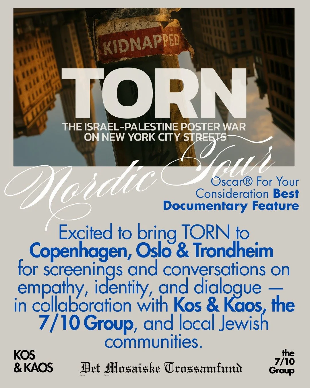 TORN Nordic Tour! 🇩🇰🇳🇴 Excited to bring TORN to Copenhagen, Oslo, and Trondheim for a special series of screenings and conversations on empathy, identity, and the boundaries of dialogue in a polarized world.
Hosted in collaboration with Kos &amp;
