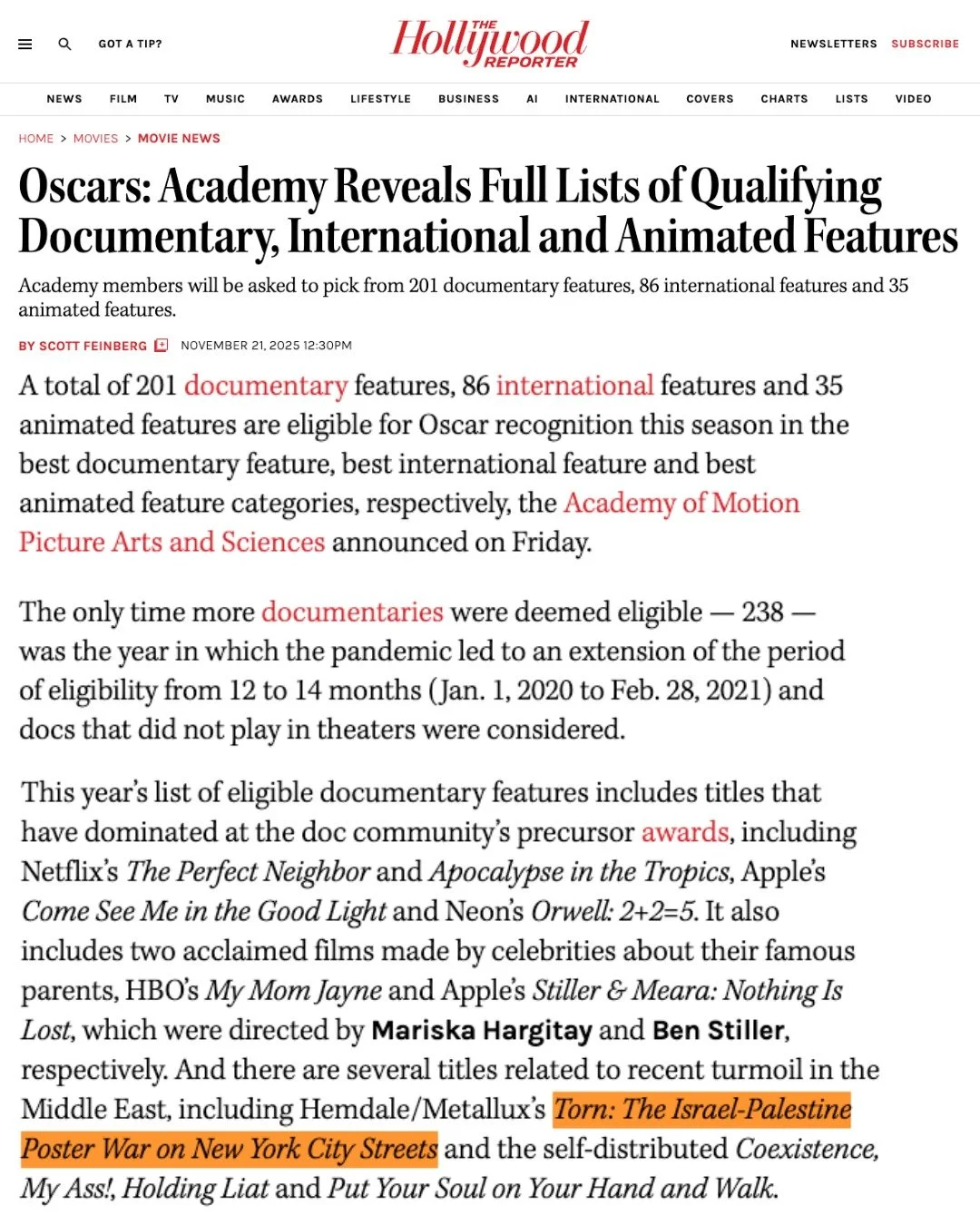 For a small independent film that started on the streets of New York, this is huge.
Honored that TORN is included in The Hollywood Reporter&rsquo;s coverage of this year&rsquo;s Oscar-eligible documentaries.
Thank you to everyone who carried this sto