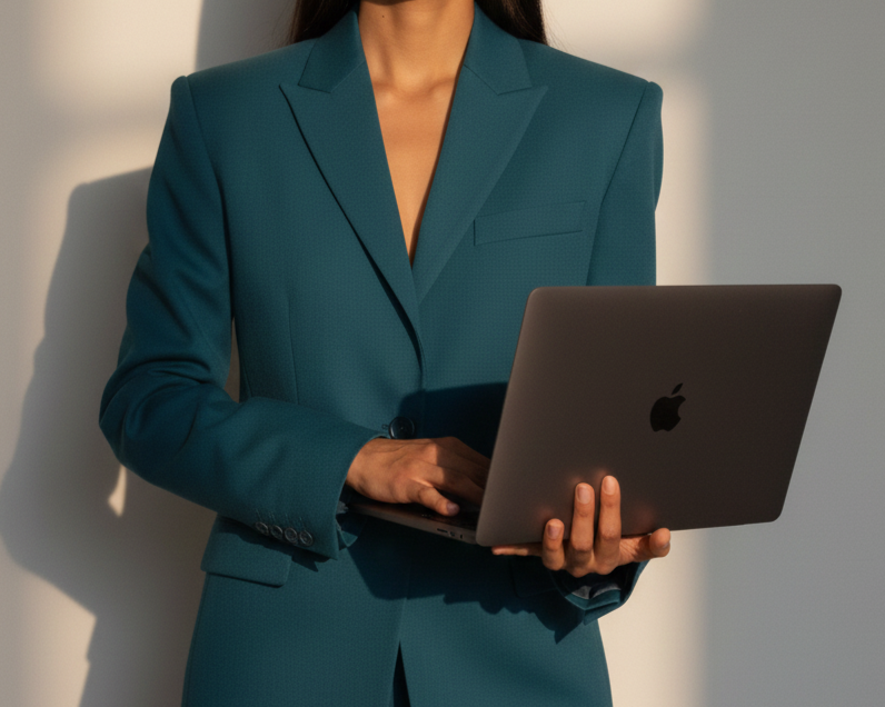 Mujer empresaria de negocios empoderada sujetando su laptop macbook pro.