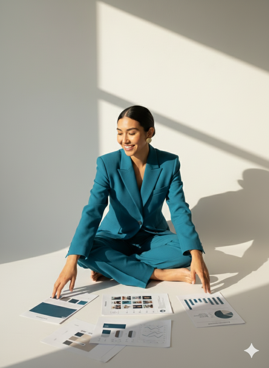 Mujer sonriente en traje azul sentado en el suelo, rodeada de documentos y gráficos