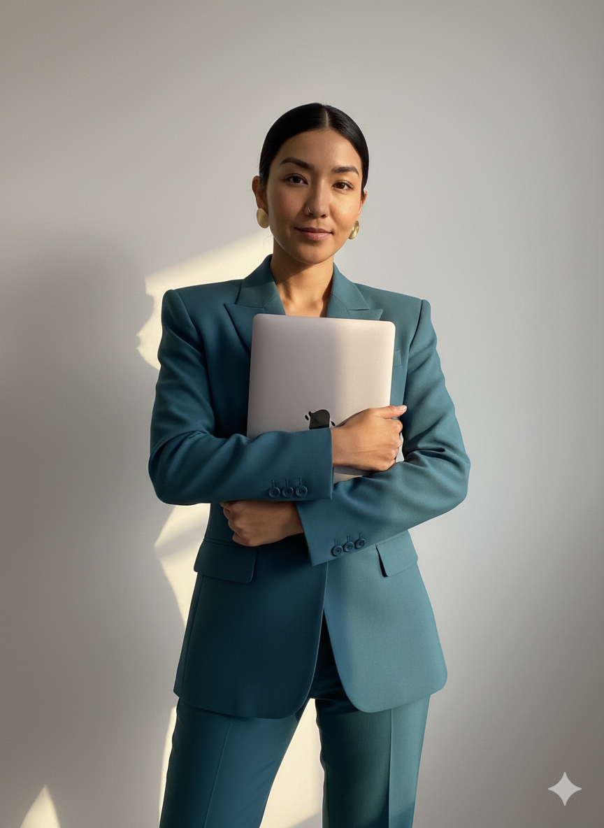 Empresaria sostiene una laptop usando un traje forma en azul turquesa obscuro