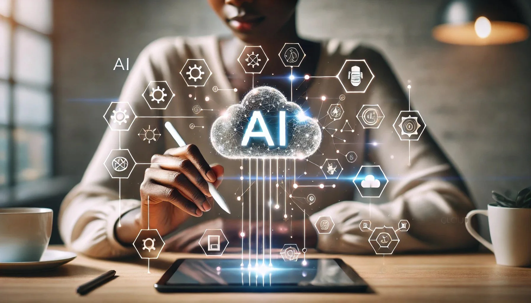 DALL·E 2024-11-01 14.49.14 - A realistic, modern image featuring a person with an African skin tone working on a tablet with a stylus, overlaid with a digital AI and cloud symbol .jpg