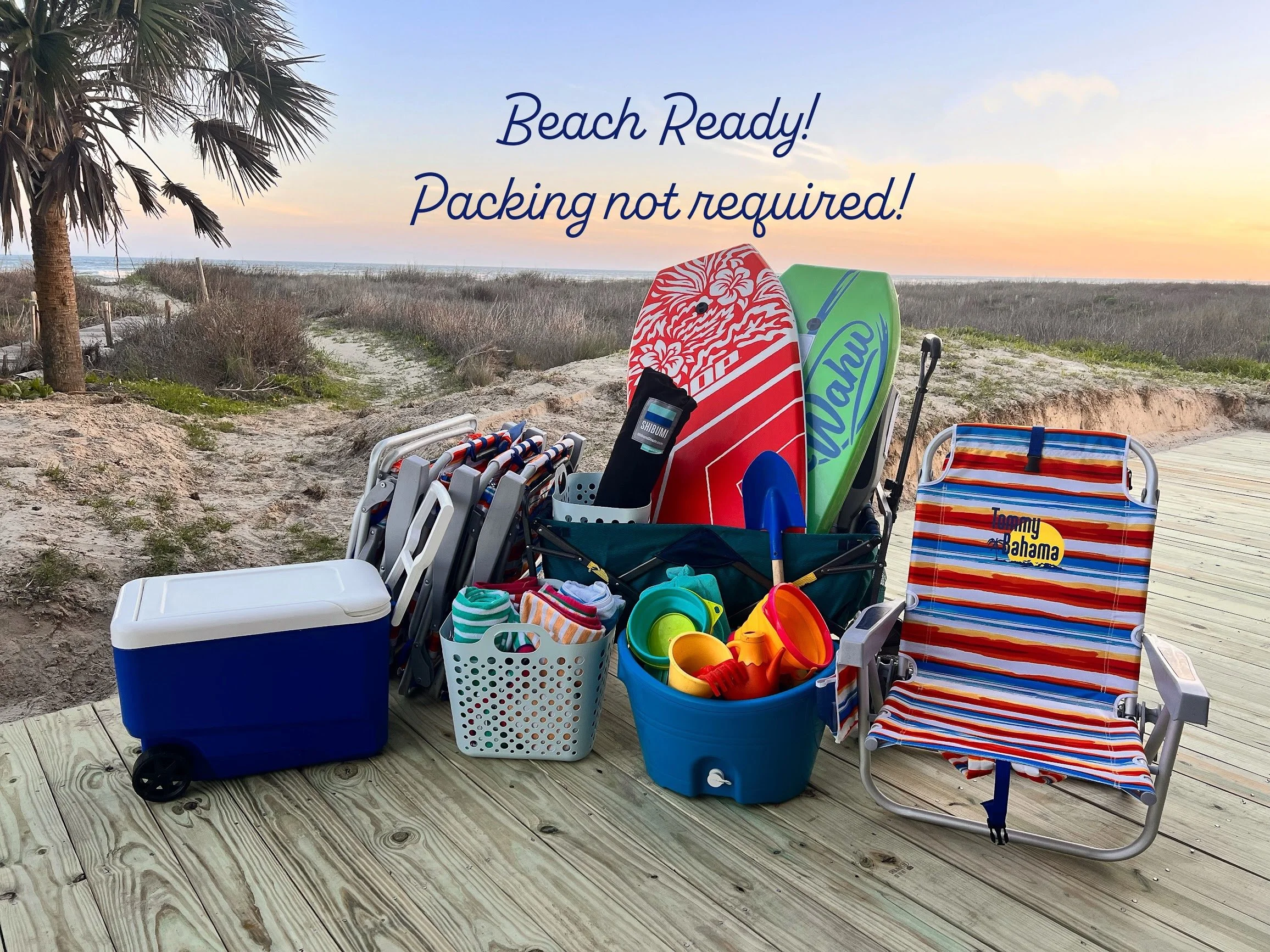 Packing for the beach is a breeze when you stay at The Surfing Cowboy. This beach house has beach chairs, towels, boogie boards, sand toys, a wagon, coolers, and a shade tent. Our garage is full of everything you might want for a day at the beach.