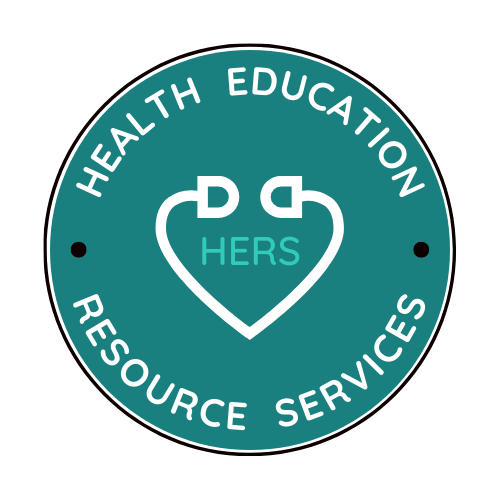 A circular logo with a teal background and white text that reads 'Health Education Resource Services'. The center features a stylized heart with the letters 'HERS' inside it.