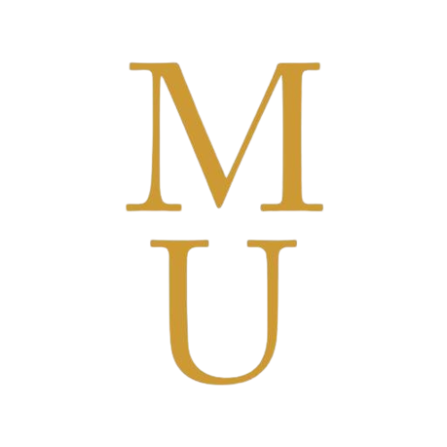 Gold-colored text reading 'MU' on a black background.