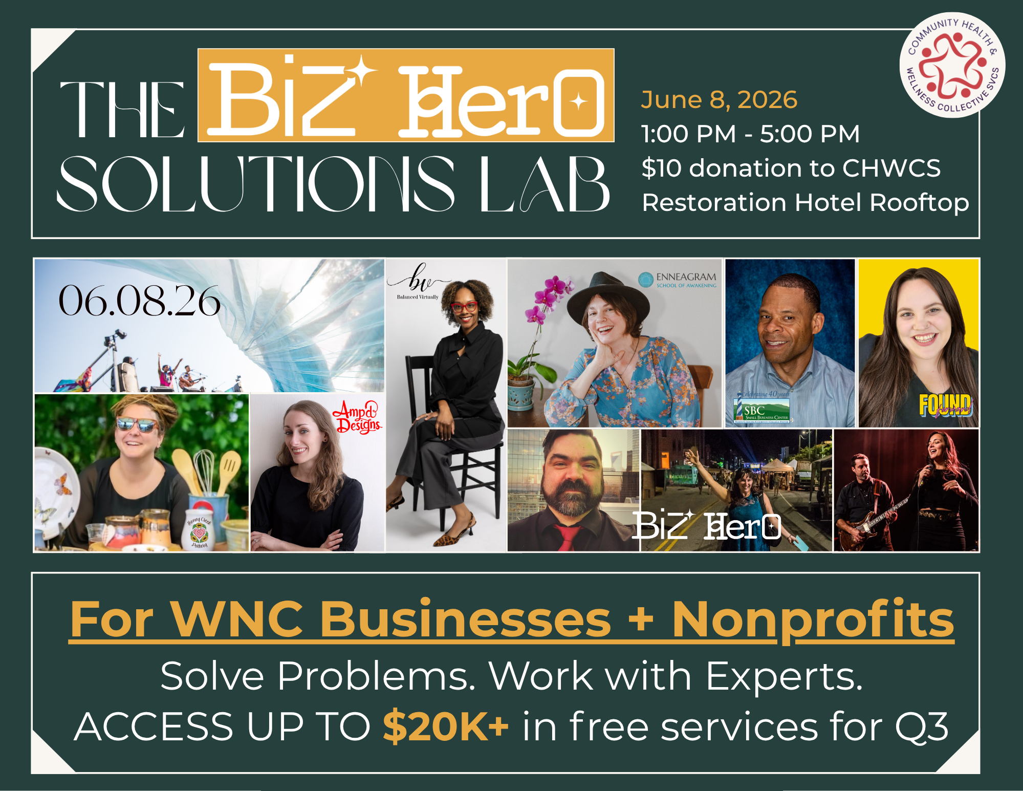Flyer for the Biz Hero Solutions Lab happening June 8, 2026 in downtown Asheville with photos of various local entrepreneurs and organization leaders