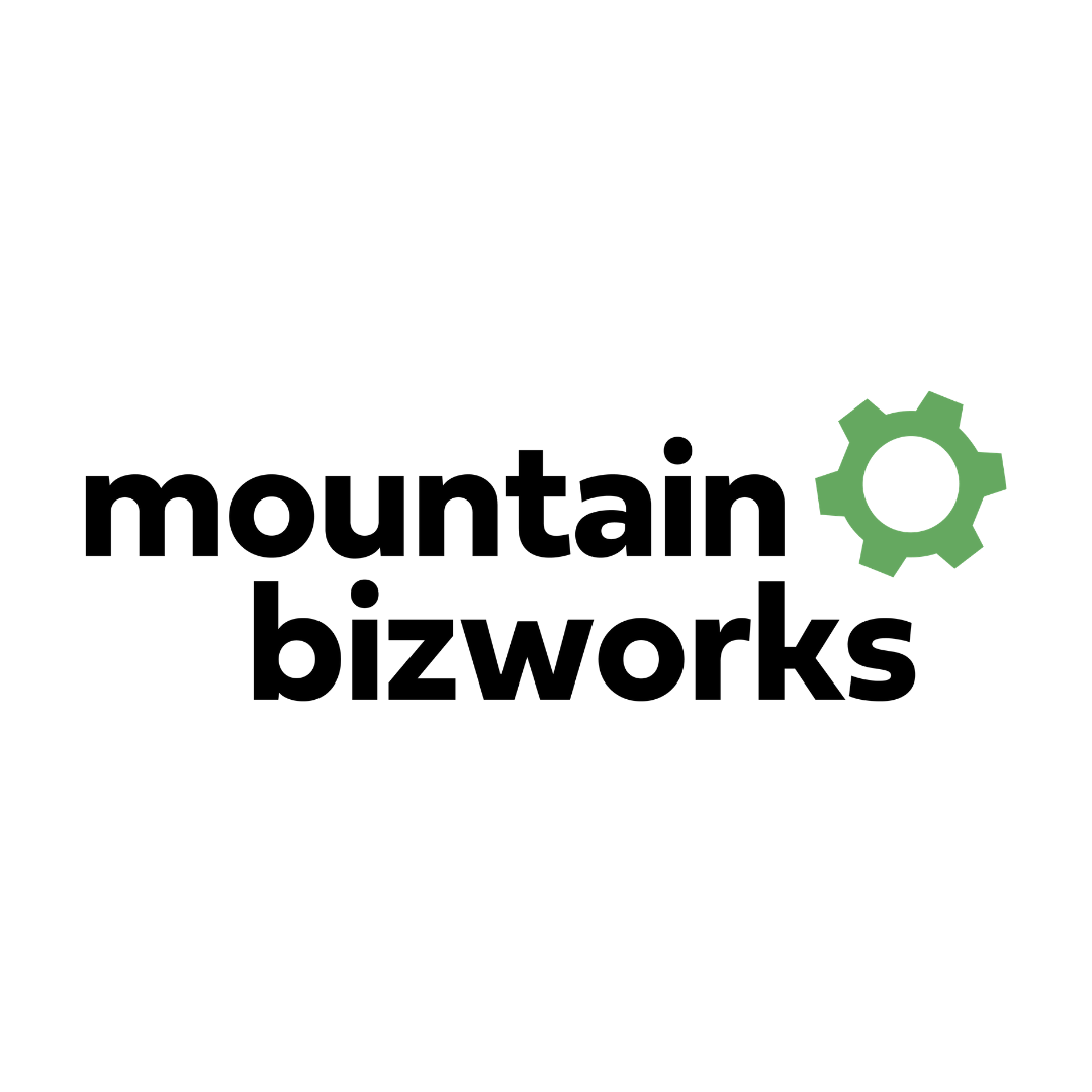 Logo for Mountain Bizworks with black text and a green gear icon.