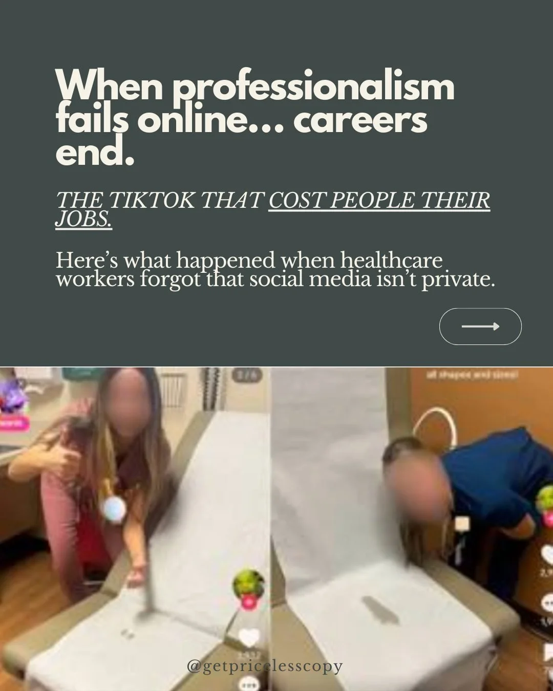 One TikTok cost 8 healthcare workers their jobs. 

A healthcare worker at a Santa Barbara urgent care posted a TikTok mocking patients, posing with exam room stains and calling them &lsquo;gifts.&rsquo; 

The reaction? Outrage. People felt mocked, vi