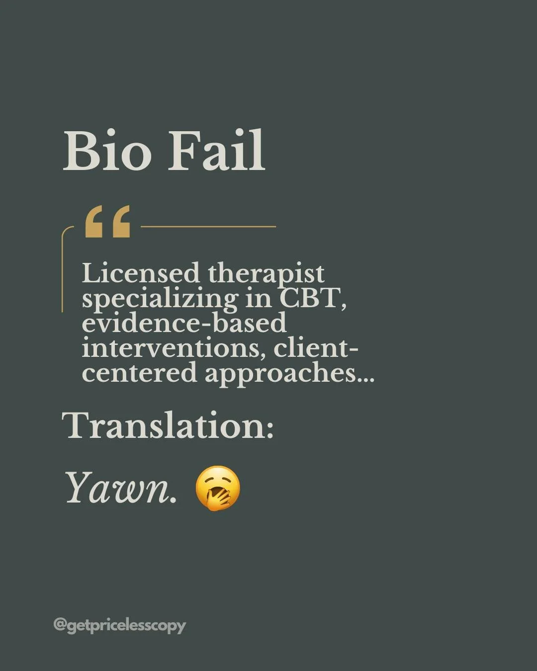 Therapist bios aren&rsquo;t job applications. They&rsquo;re invitations.

The problem? Most bios sound like r&eacute;sum&eacute;s written for other clinicians.

Clients don&rsquo;t care about how many evidence-based interventions you know. They care 