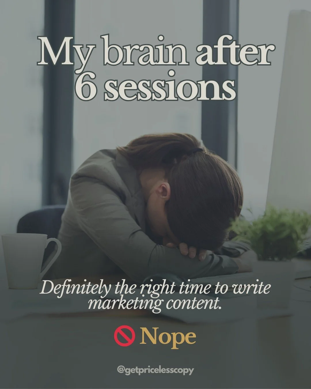 Therapist's brain after a full client day = drained. But your marketing doesn&rsquo;t need to compete with your caseload.

That&rsquo;s where we come in. We help therapists create content that&rsquo;s consistent, effective, and aligned, so you can fo