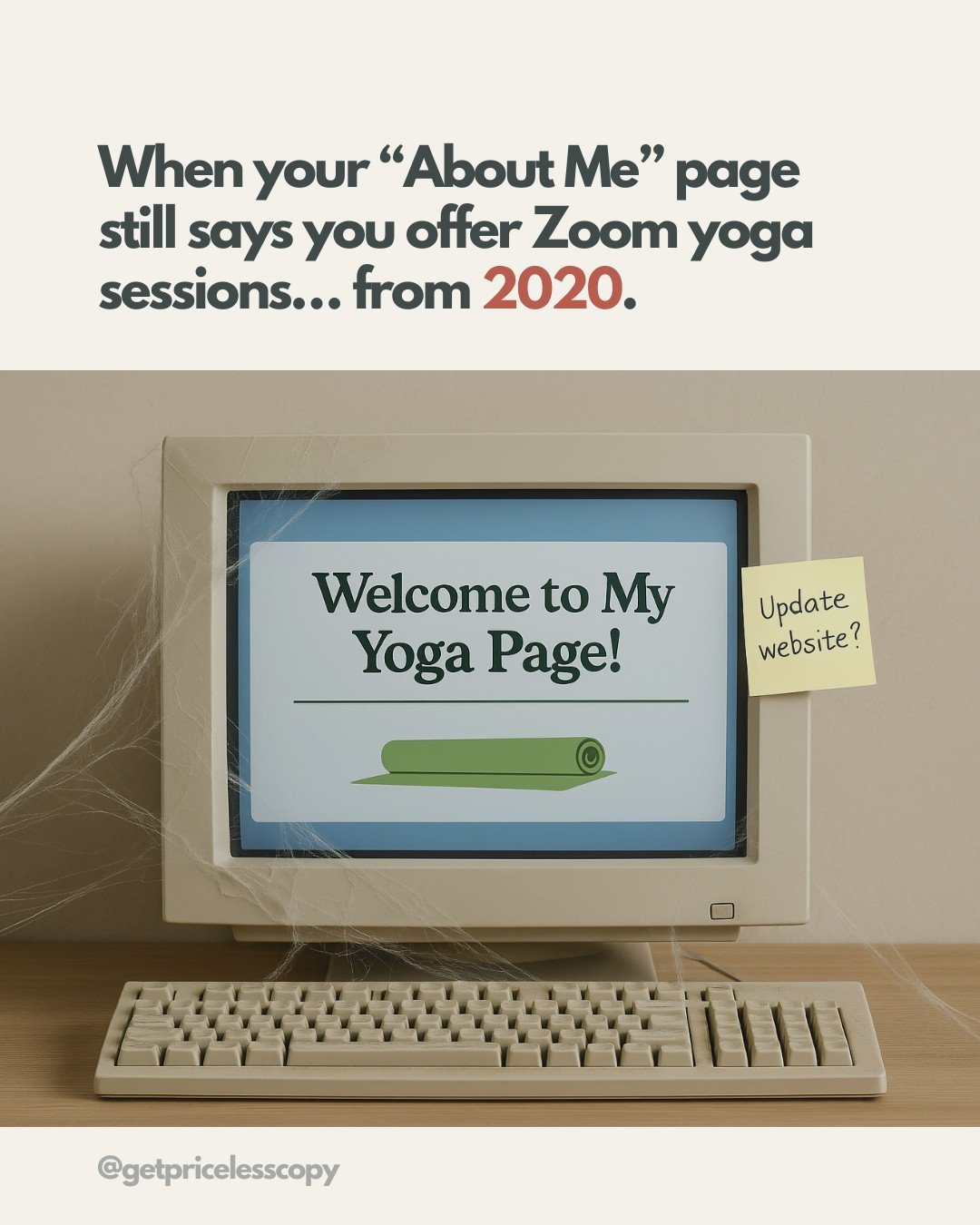 When your website is stuck in 2020&hellip; 🕸️

If your &ldquo;About Me&rdquo; page mentions Zoom yoga, your service list includes things you stopped offering years ago, or your photos look like they were taken on a potato, it might be time for a ref