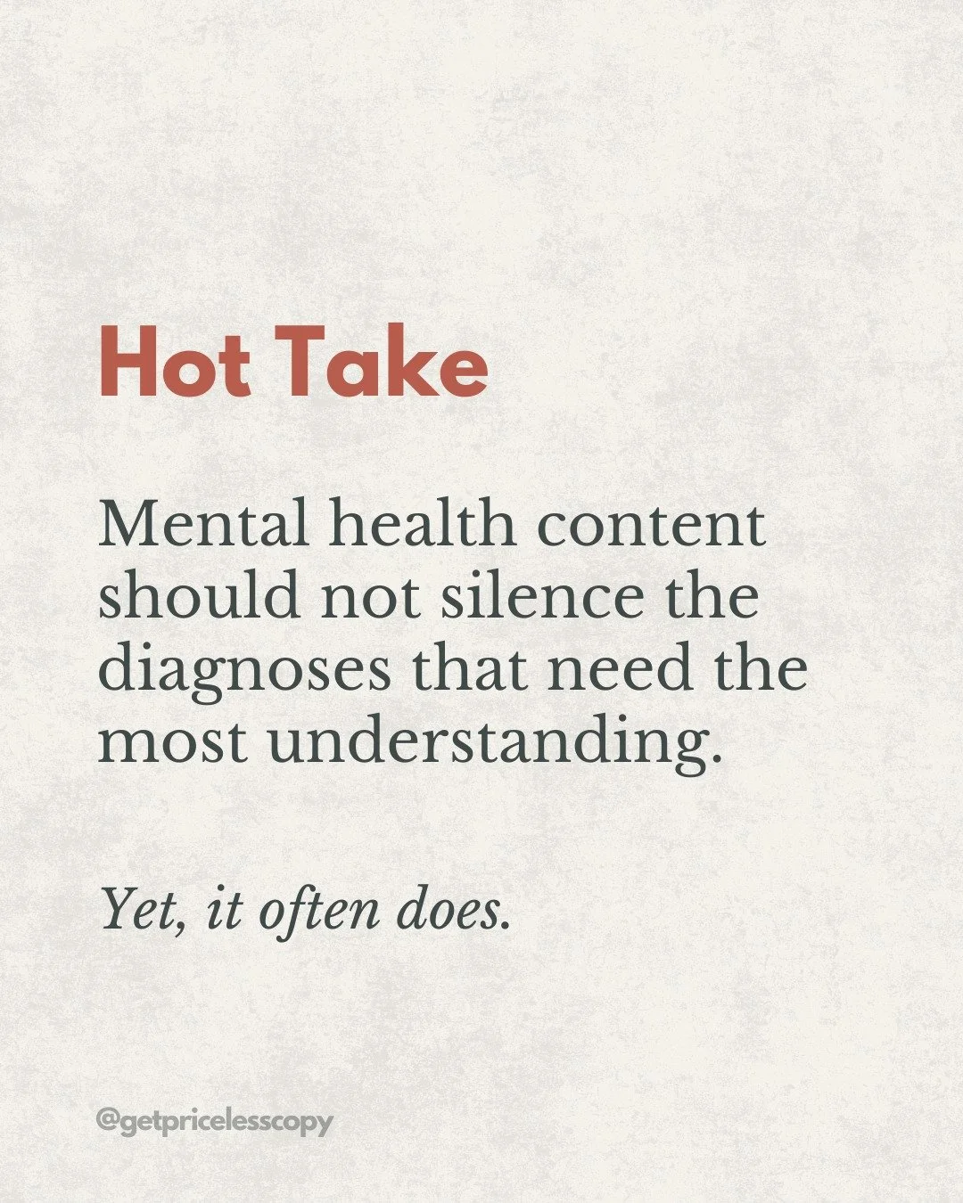 Mental health content often centers on what feels safe, relatable, or easy to package.
That usually means anxiety, depression, and burnout get visibility. And the diagnoses that carry the most stigma, misunderstanding, and complexity are left out: 


