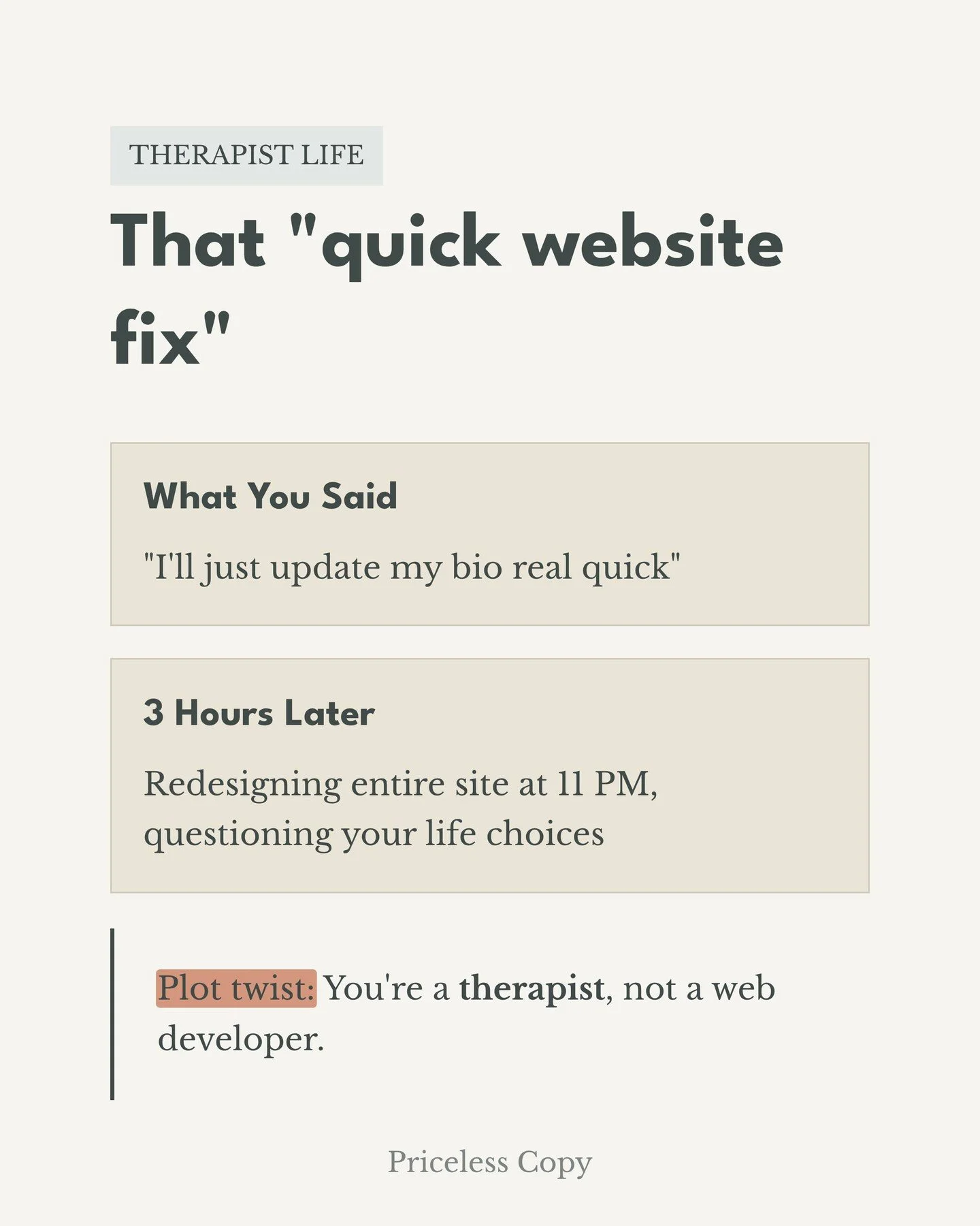Therapist life means knowing your limits. And &ldquo;just fixing the website real quick&rdquo; is usually one of them.

We&rsquo;ll handle the digital chaos. You handle the people. 

#therapisthumor #therapistproblems #privatepracticelife
#mentalheal