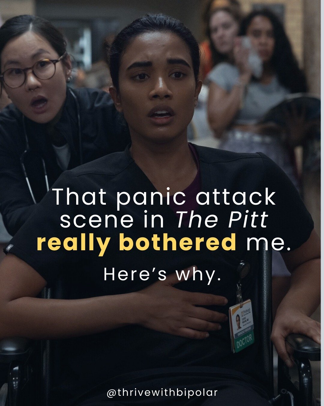 The panic attack scene in The Pitt felt incredibly real and painful to watch. 

Dr. Mohan suddenly develops chest pain, shallow breathing, and becomes overheated while working in the ER during a chaotic shift. She is so convinced something is medical