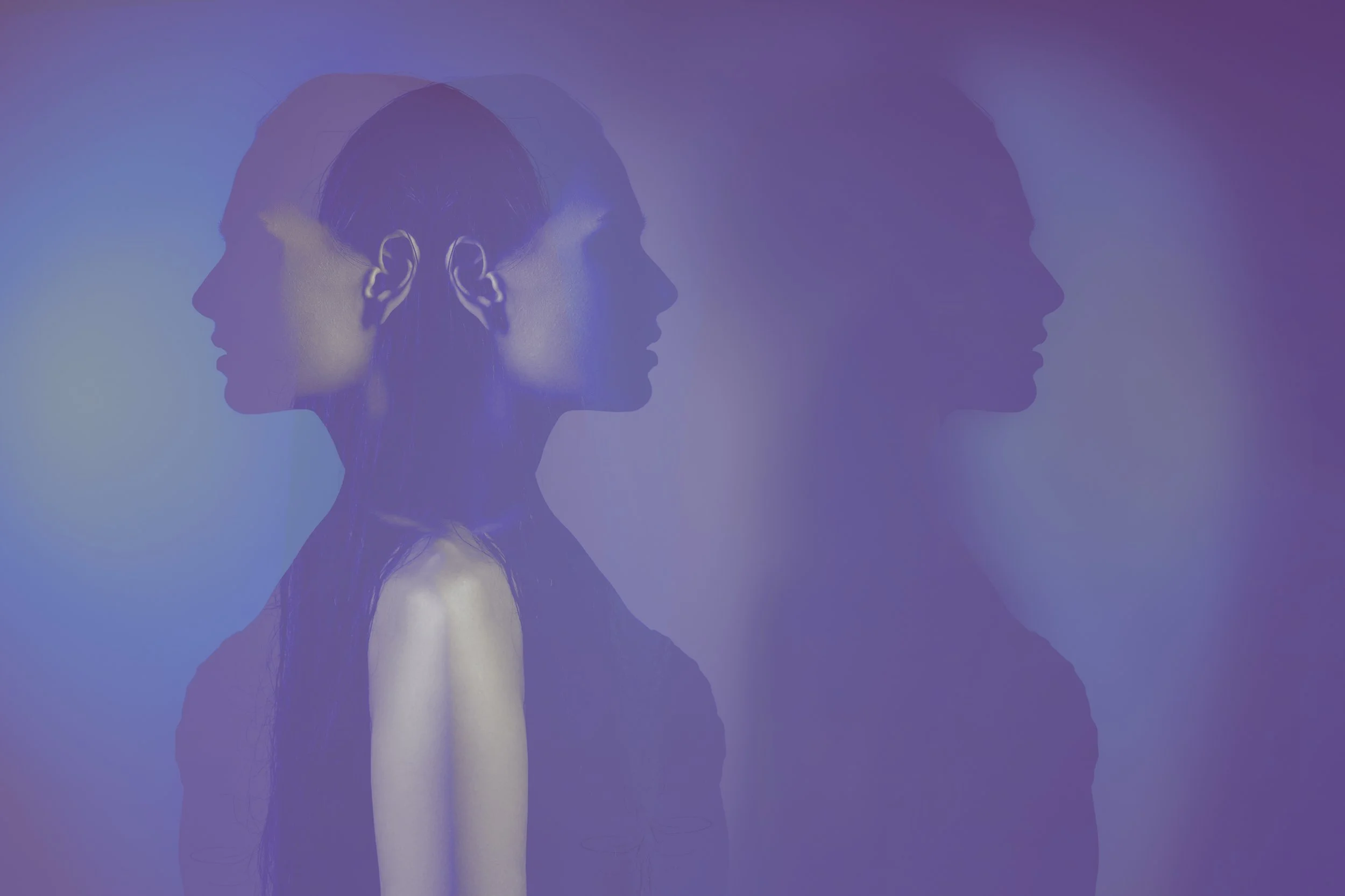 Artwork of overlapping side profiles of a woman's head and a man's head with a purple background showing private practice marketing.