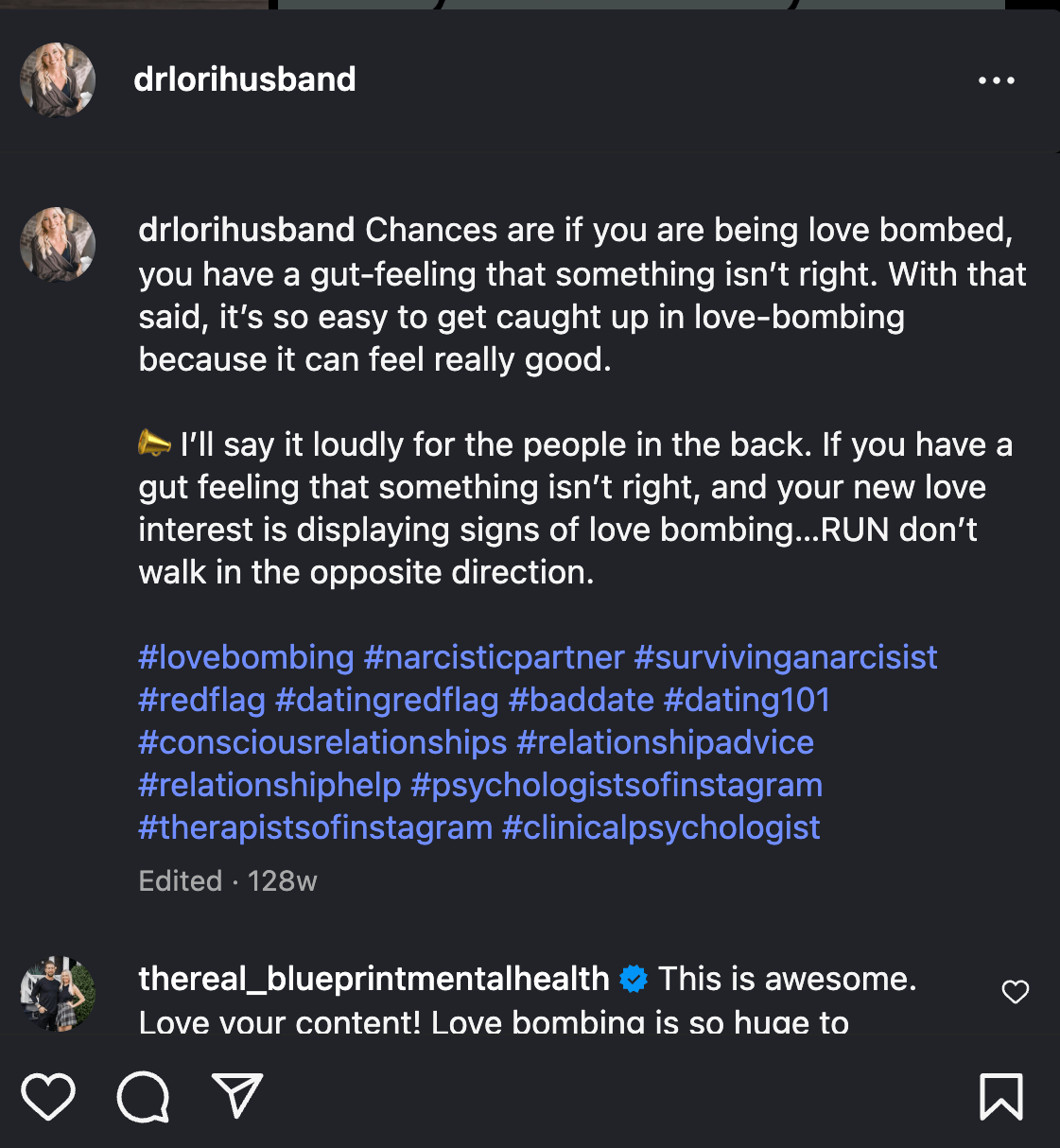 Screenshot of an Instagram post discussing love bombing and recognizing feelings of love in relationships, with hashtags related to narcissism, dating, and therapy.