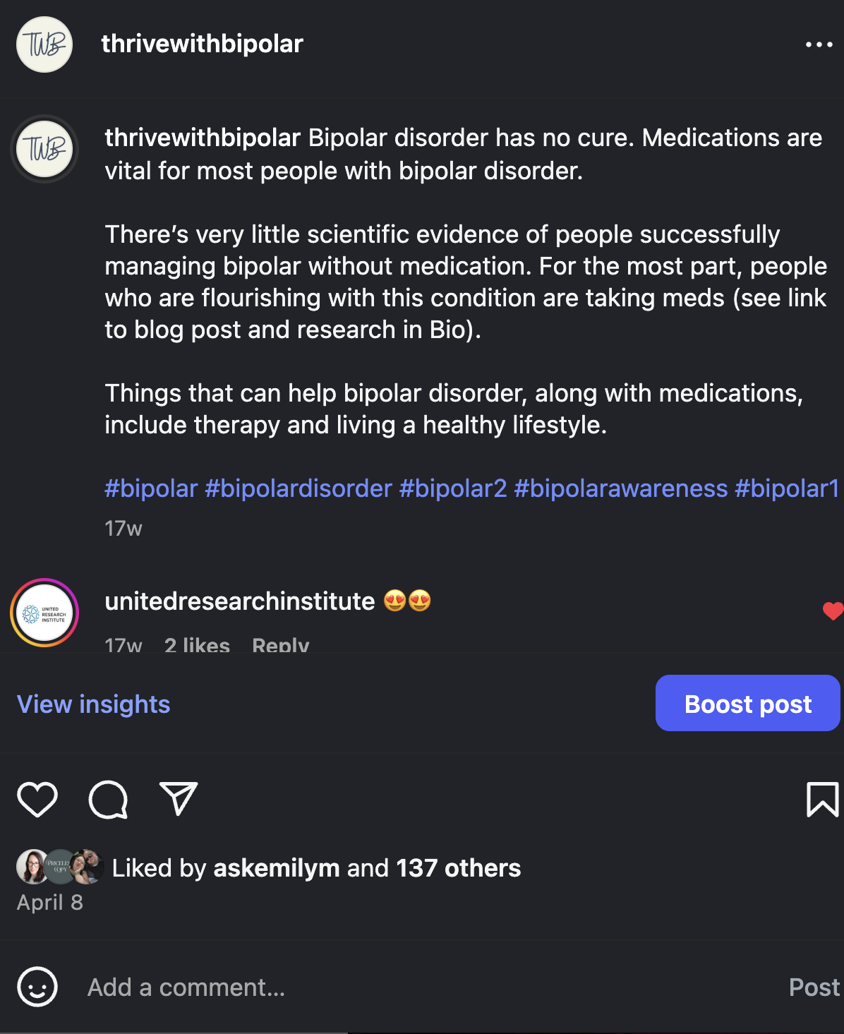 Instagram post discussing bipolar disorder, emphasizing medication, therapy, healthy living, and mentioning that bipolar disorder has no cure.