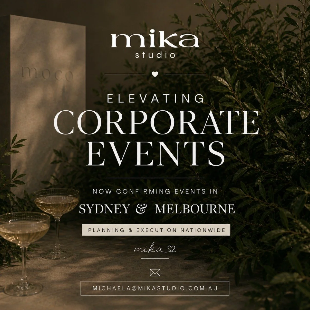 At MIKA Studio, we specialise in creating thoughtfully curated experiences that feel seamless, sophisticated and truly memorable.

Now confirming corporate events in Sydney &amp; Melbourne, with availability nationwide.

If you&rsquo;re planning your