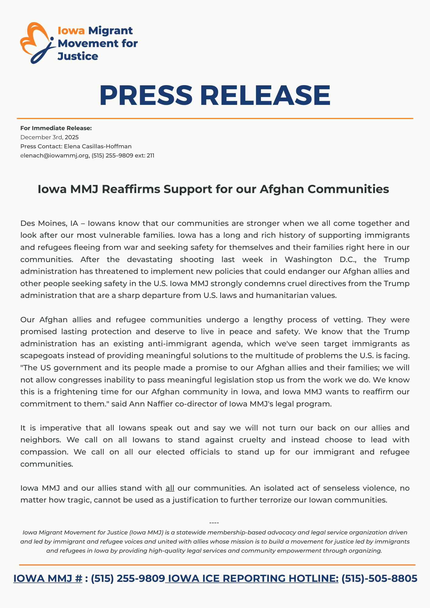 Press Release: Iowa MMJ Reaffirms Support for our Afghan Community