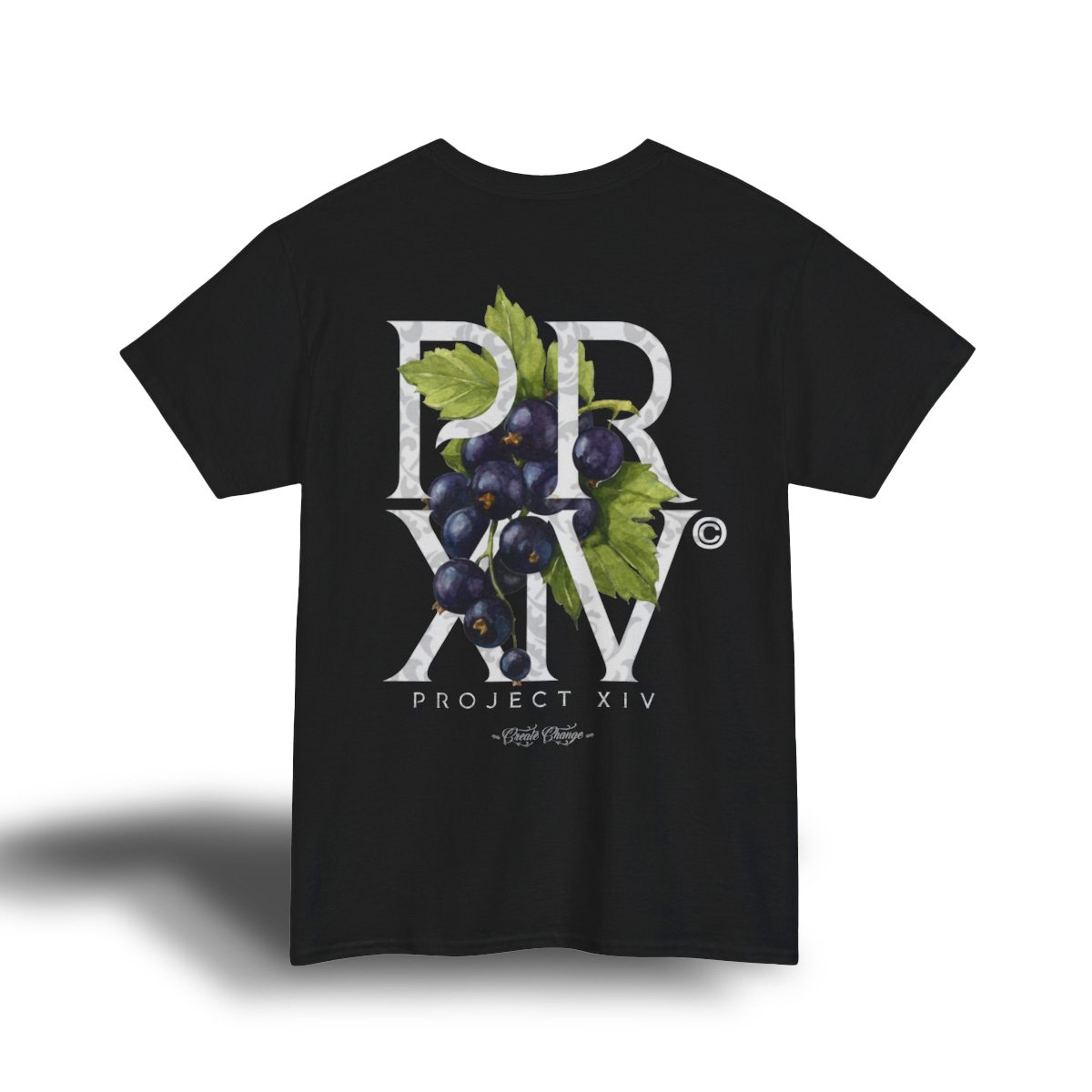 Black T-shirt with a graphic of grapes and leaves, large stylized text reading 'PRXIV' and smaller text below reading 'PROJECT XIV'.
